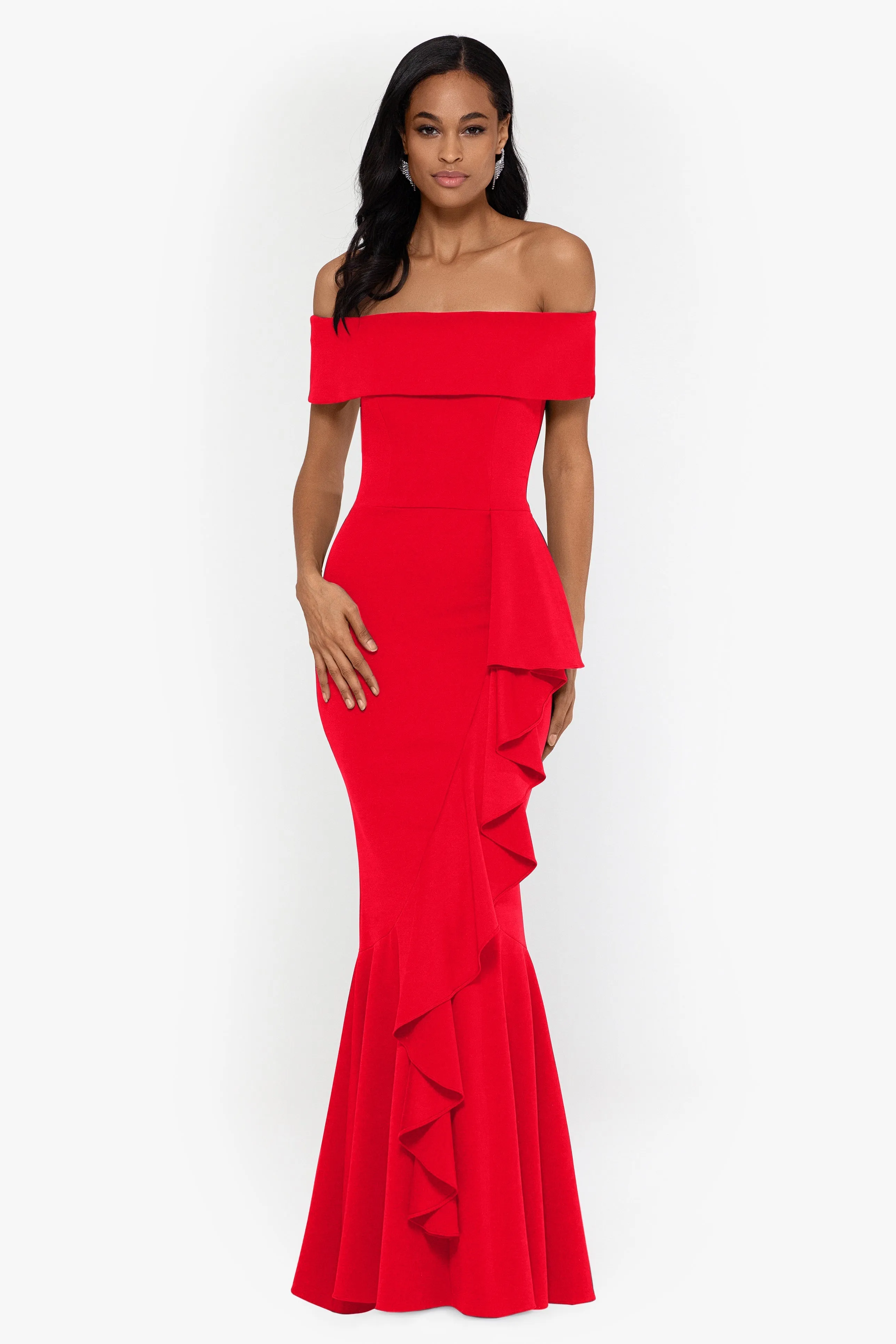 "Carina" Long Off the Shoulder Ruffle Dress sold by Betsy & Adam
