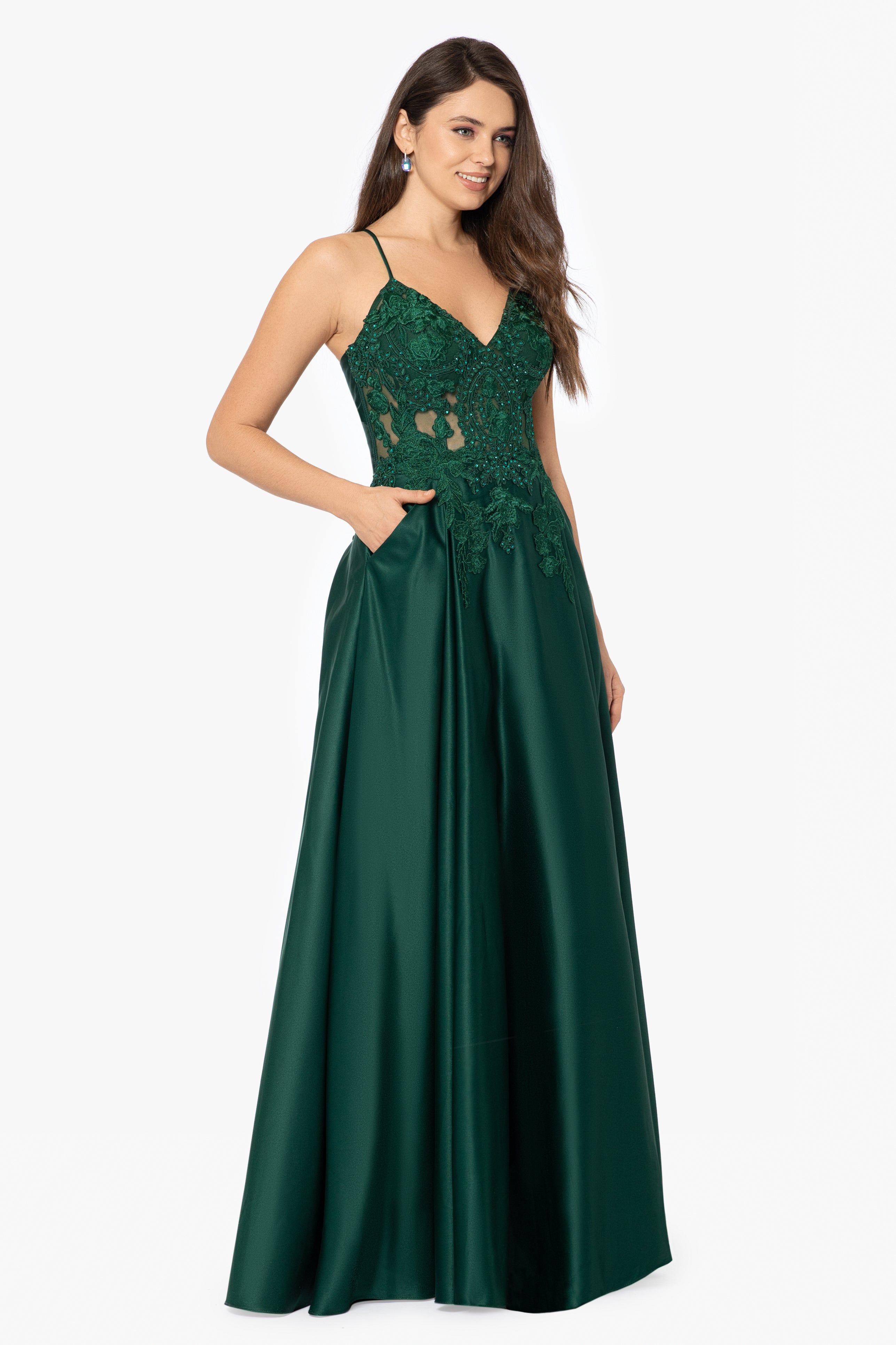 "Paloma" Long Satin Applique Top Ball Gown sold by Betsy & Adam product image thumbnail 4