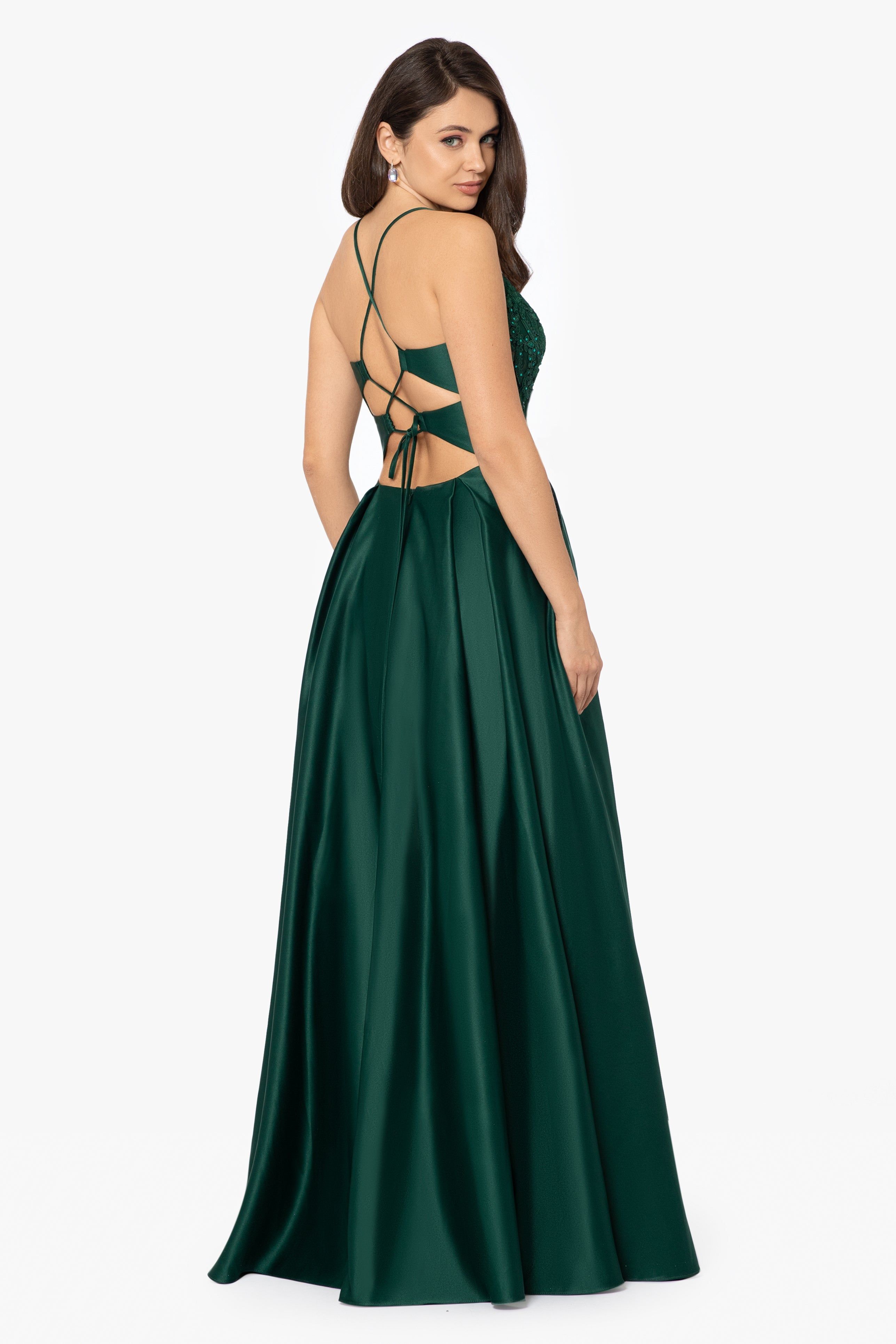 "Paloma" Long Satin Applique Top Ball Gown sold by Betsy & Adam product image thumbnail 2