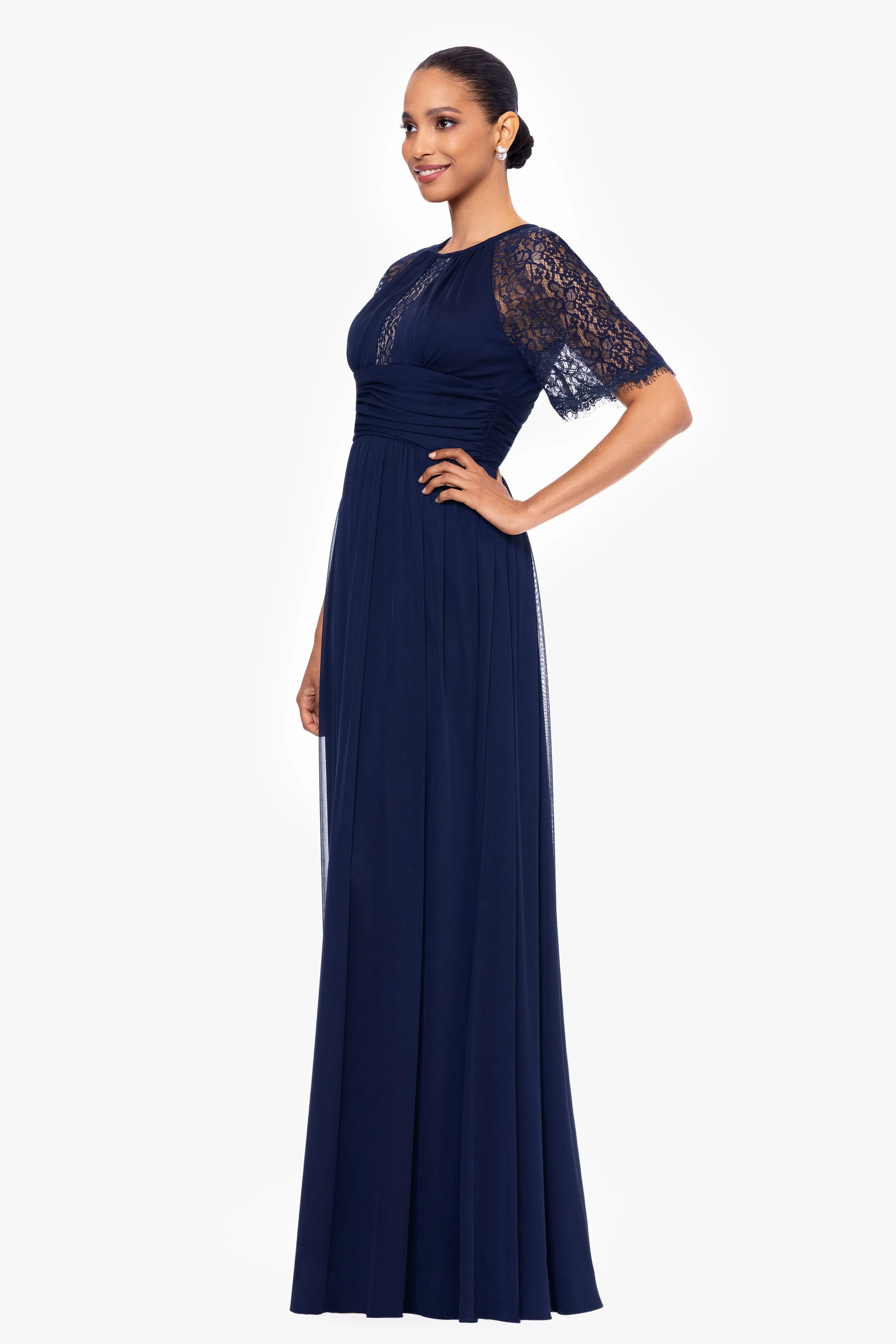 "Chrissy" Long Sheer Matte Jersey and Lace Sleeve Dress sold by Betsy & Adam product image thumbnail 3