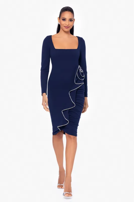 "Michelle" Knee Length Scuba Crepe Crystal Flower Detail Long Sleeve Dress sold by Betsy & Adam