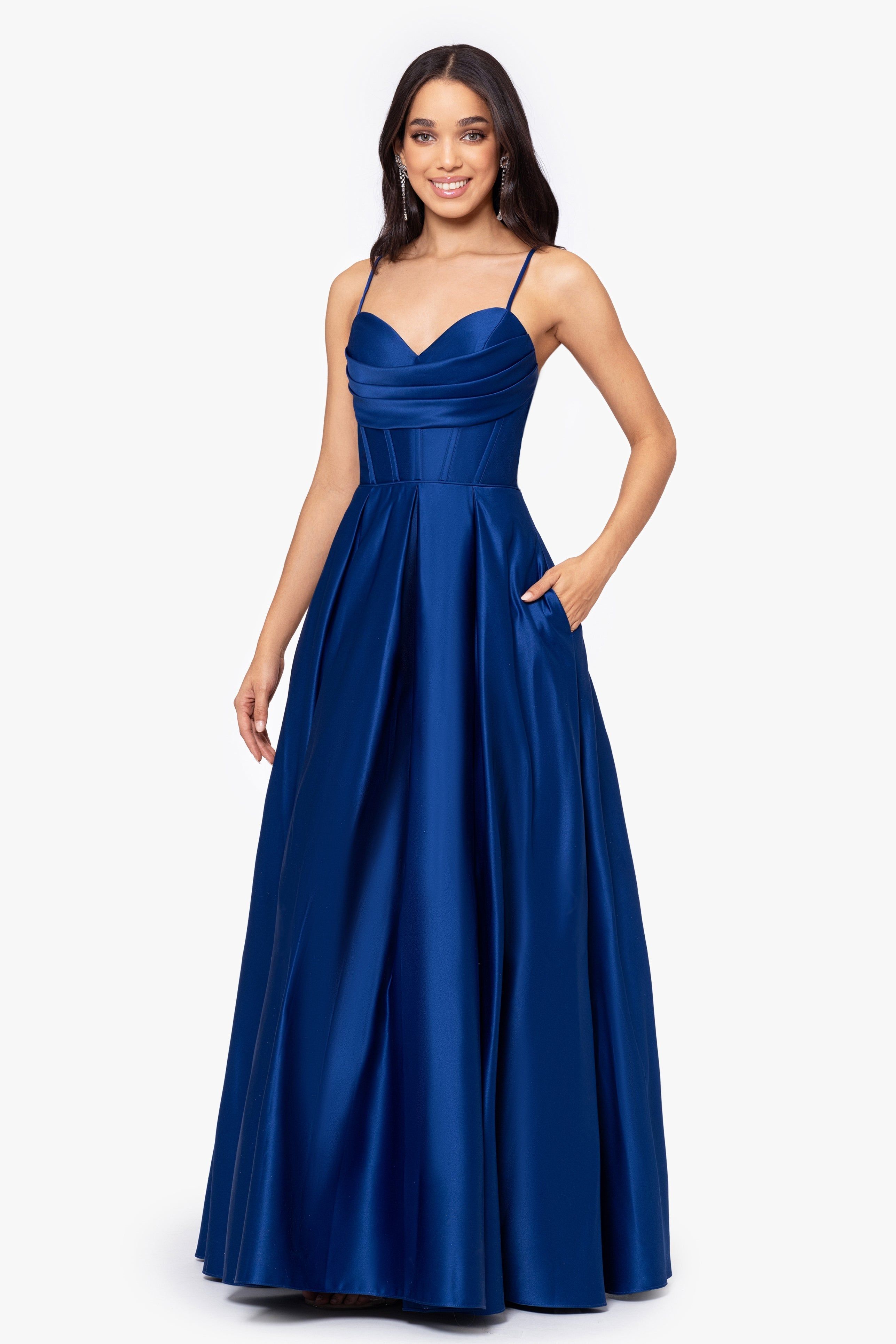 "Liza" Lamour Satin Draped Corset Tieback Gown sold by Betsy & Adam product image thumbnail 3