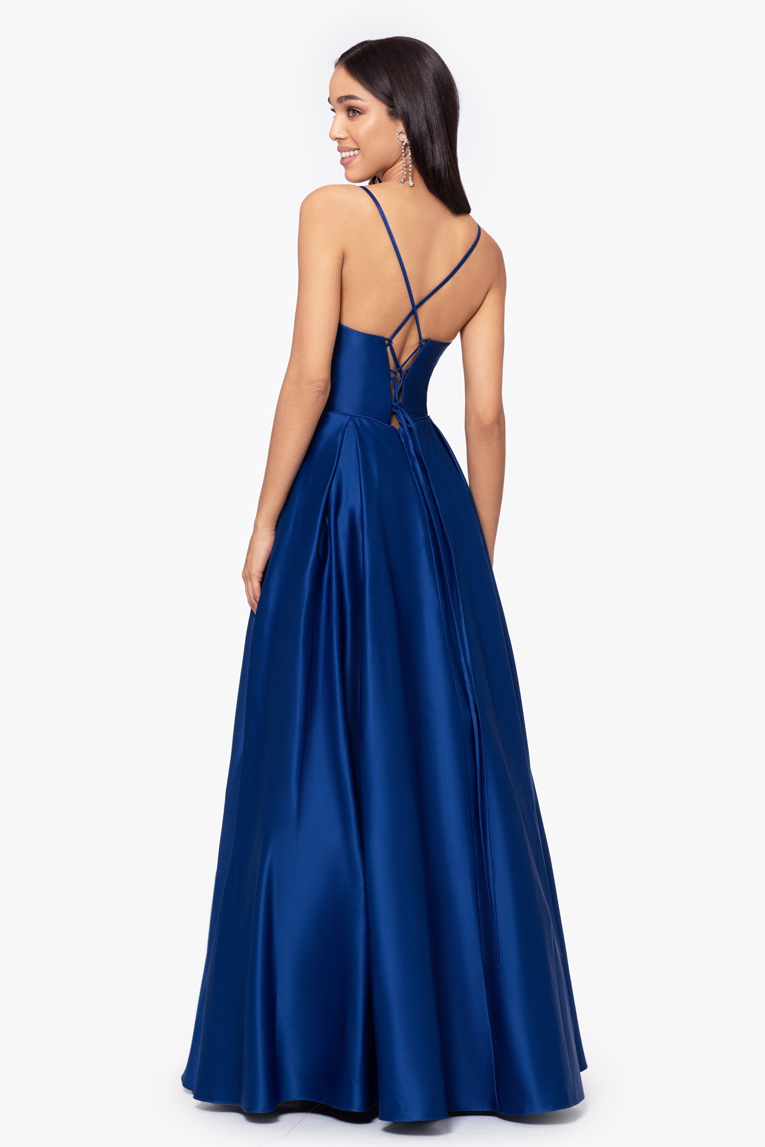 "Liza" Lamour Satin Draped Corset Tieback Gown sold by Betsy & Adam product image thumbnail 2