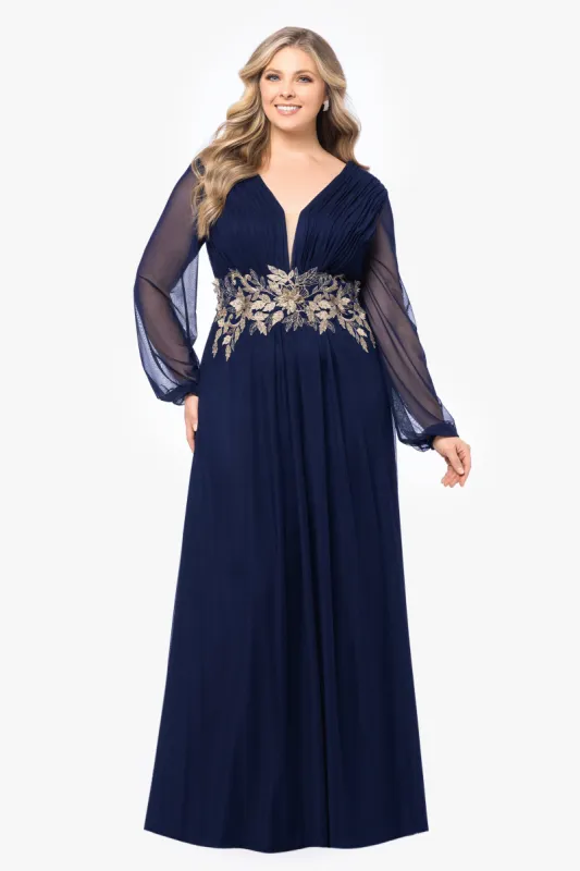 Plus "Rebecca" Long Sleeve Embroidered Mesh Gown sold by Betsy & Adam