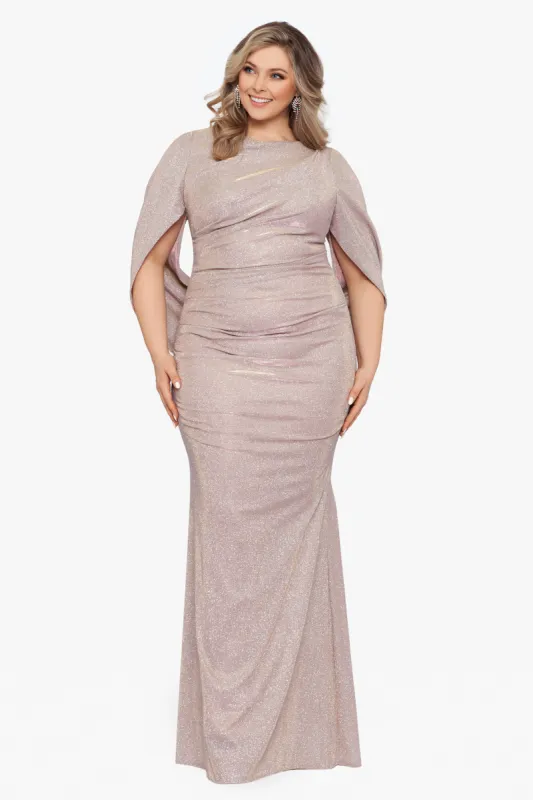 Plus "Gracie" Long Glitter Galaxy Cowl Neck Back Dress sold by Betsy & Adam