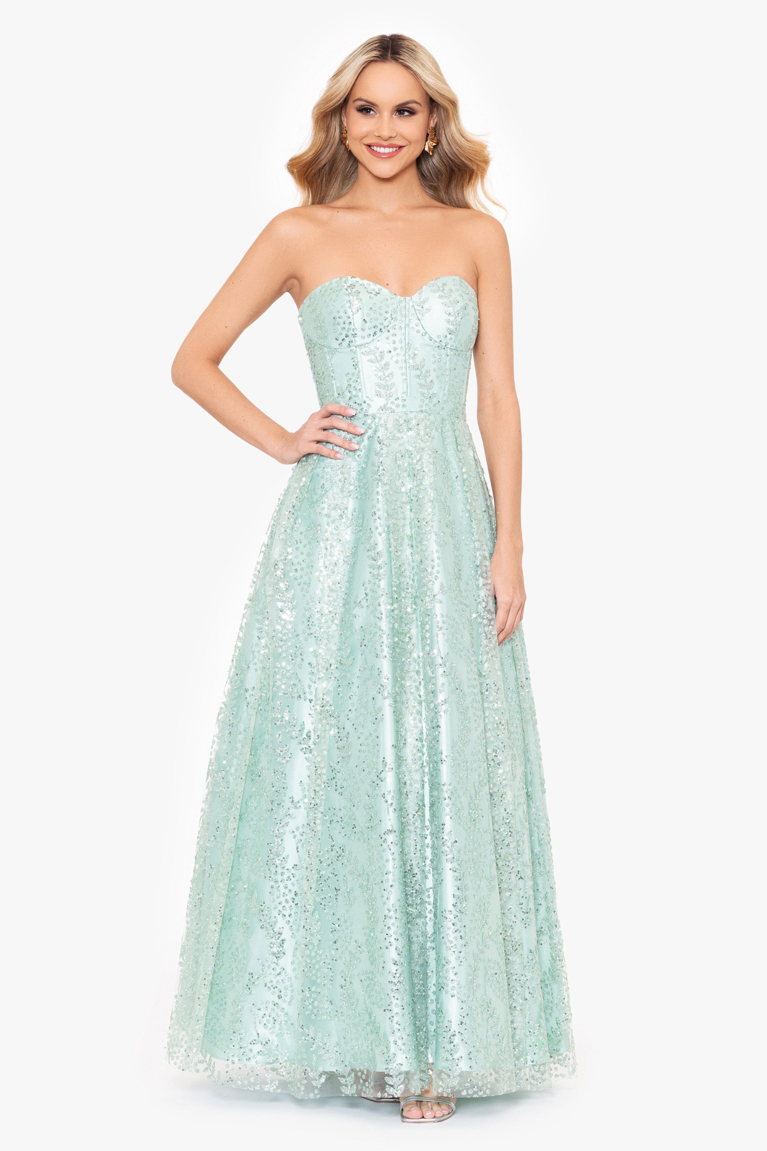 "Lou" Corset Strapless Glitter Ballgown sold by Betsy & Adam