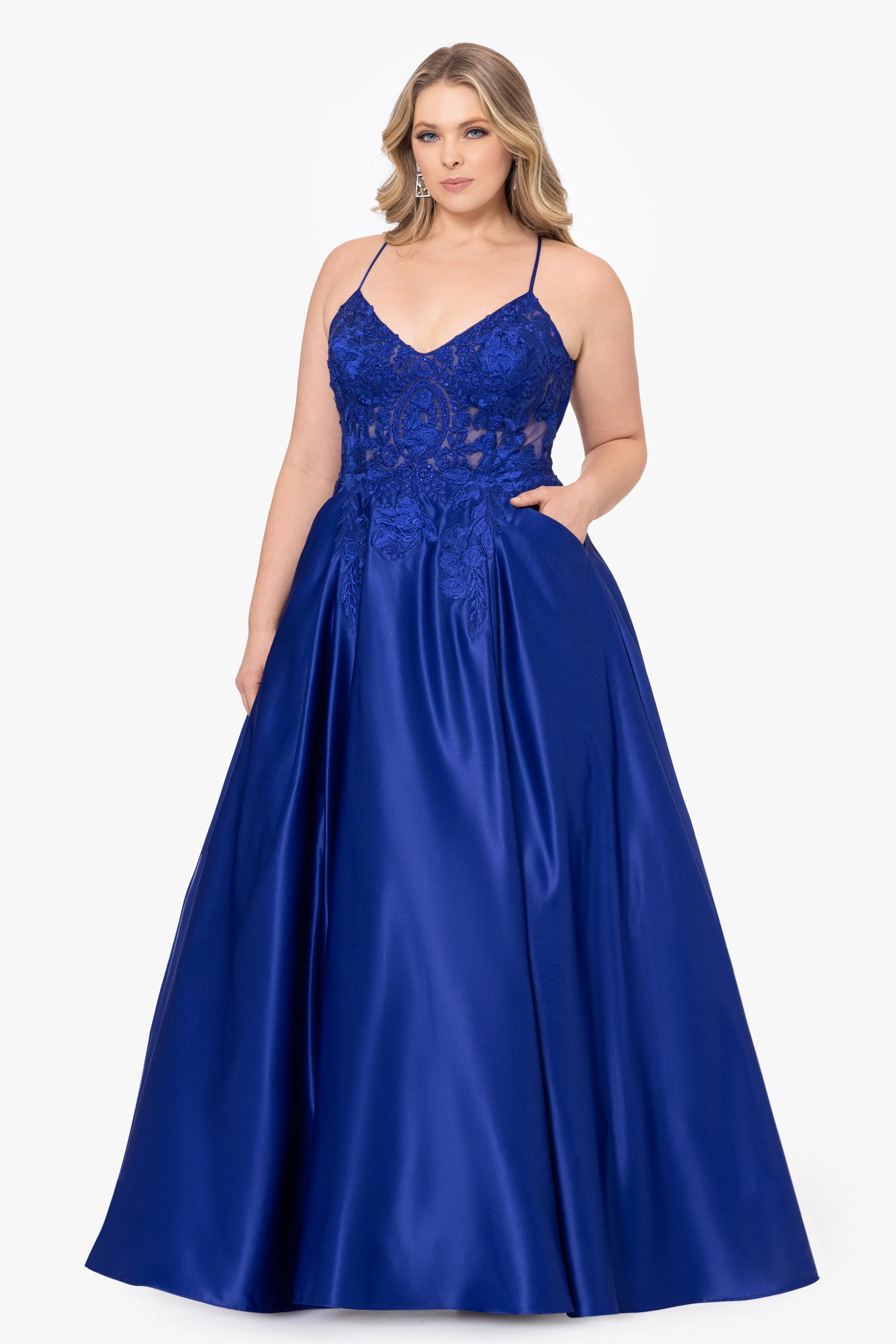 Plus "Paloma" Long Satin Applique Top Ball Gown sold by Betsy & Adam product image thumbnail 3