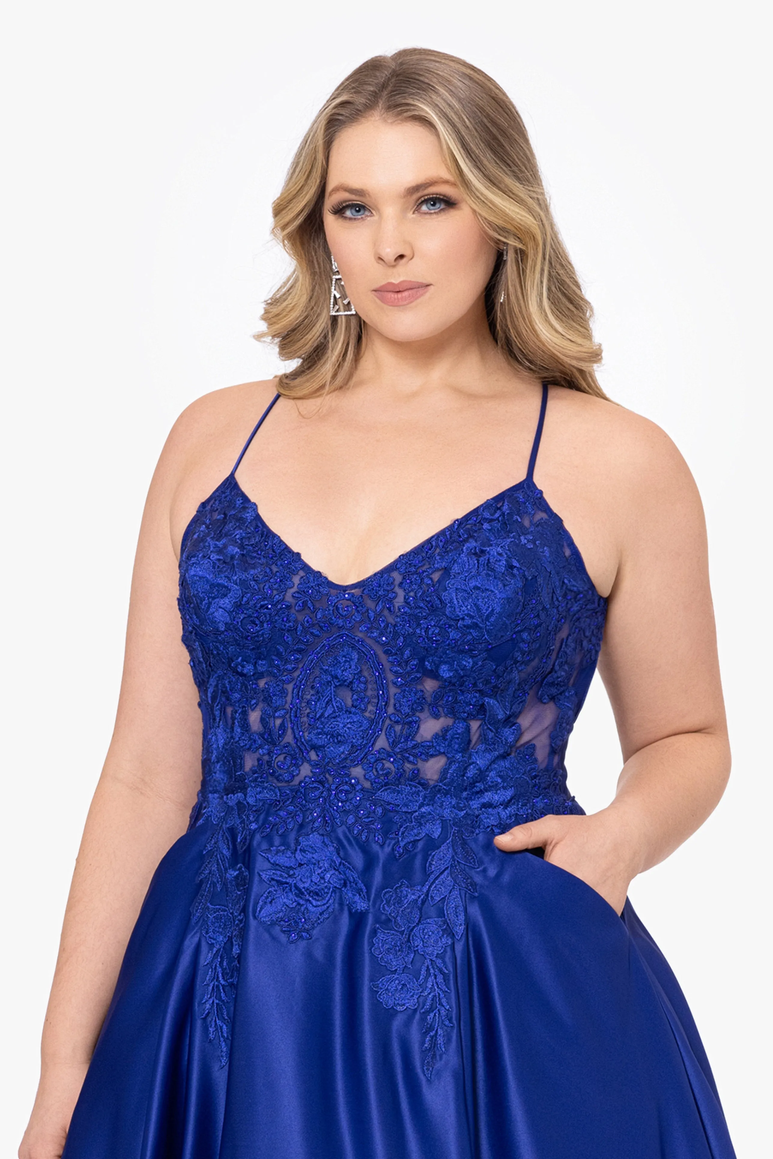 Plus "Paloma" Long Satin Applique Top Ball Gown sold by Betsy & Adam product image thumbnail 4