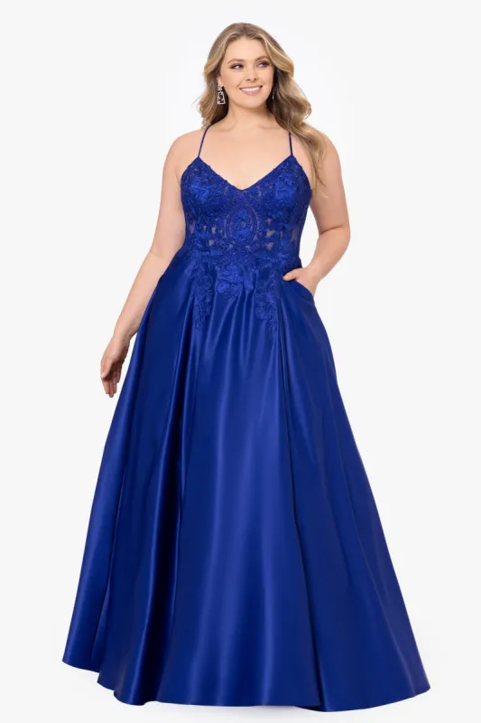 Plus "Paloma" Long Satin Applique Top Ball Gown sold by Betsy & Adam