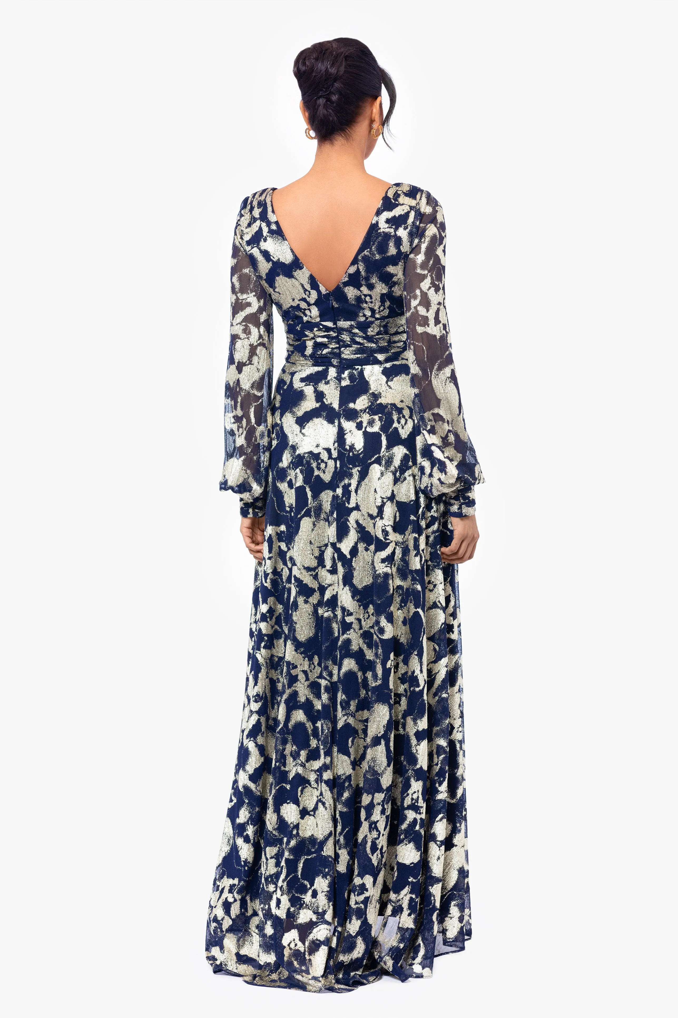 "Annabelle" Metallic Foil and Long Mesh Sleeve Gown sold by Betsy & Adam product image thumbnail 2