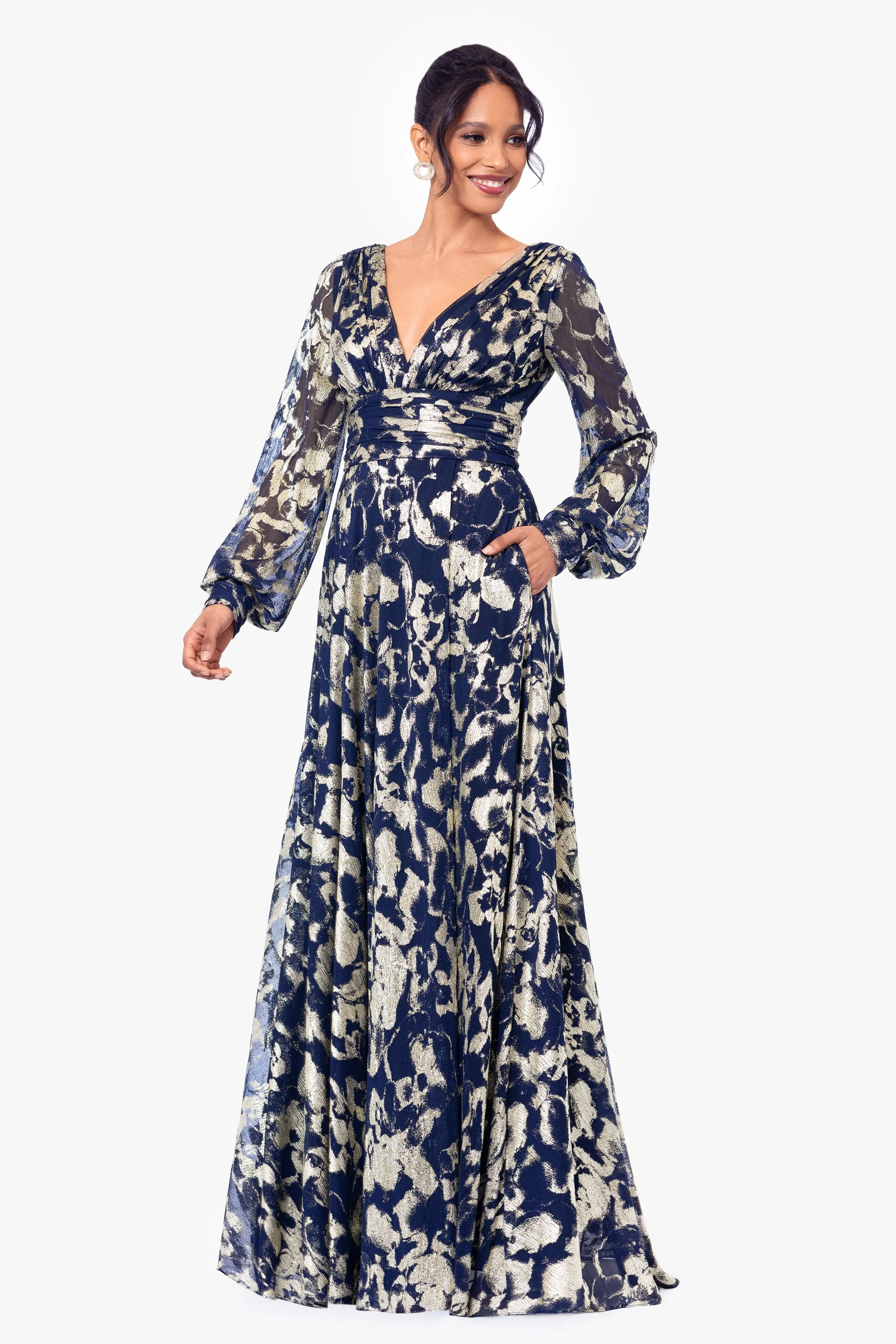 "Annabelle" Metallic Foil and Long Mesh Sleeve Gown sold by Betsy & Adam product image thumbnail 3