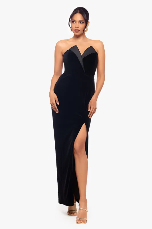 "Liliana" Long Velvet Strapless Tuxedo Dress sold by Betsy & Adam