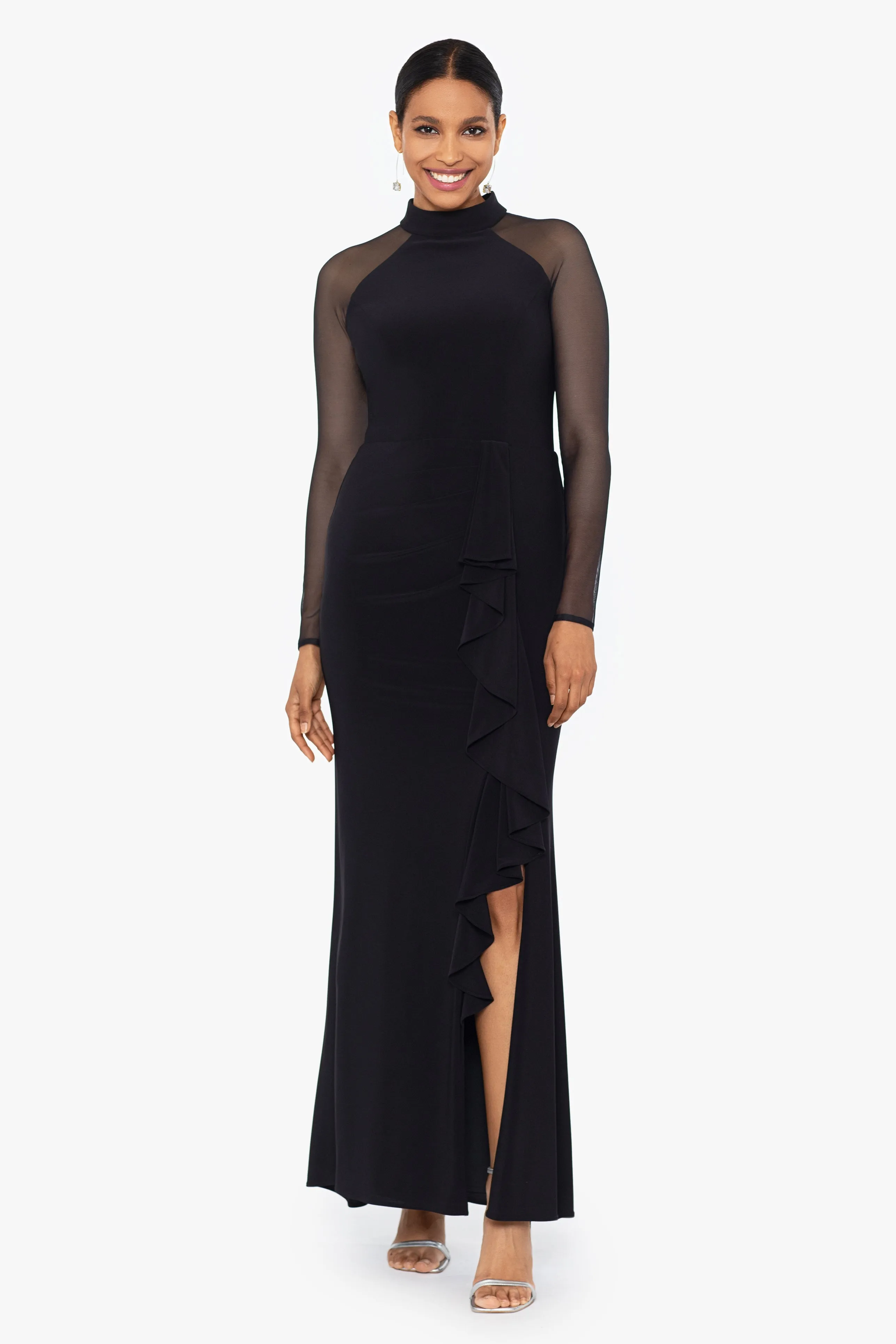 Petite "Natalie" Long Mock Neck Mesh Sleeve Dress sold by Betsy & Adam