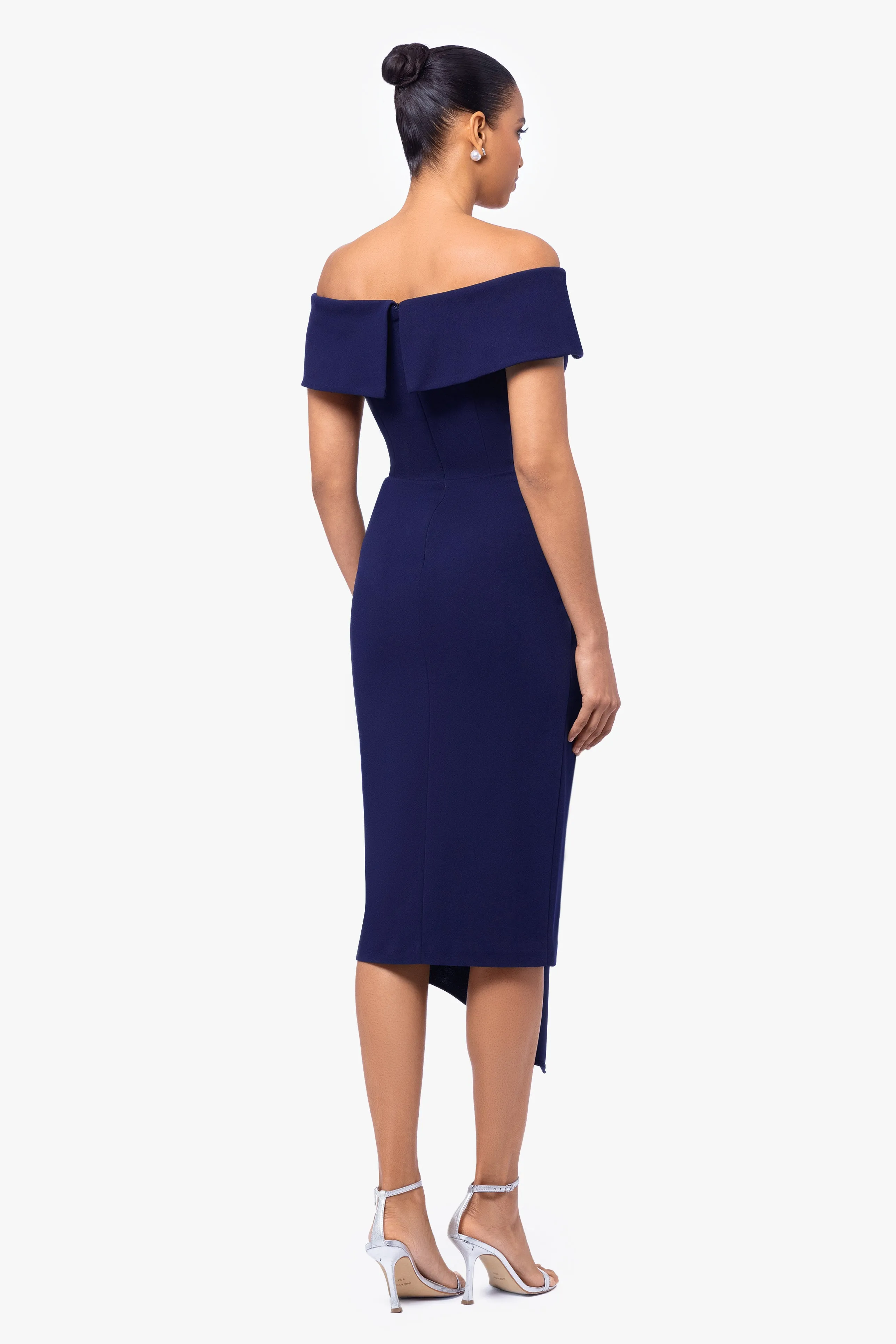 "Maya" Midi Scuba Crepe Off the Shoulder Cuff Side Ruching Dress sold by Betsy & Adam product image thumbnail 2