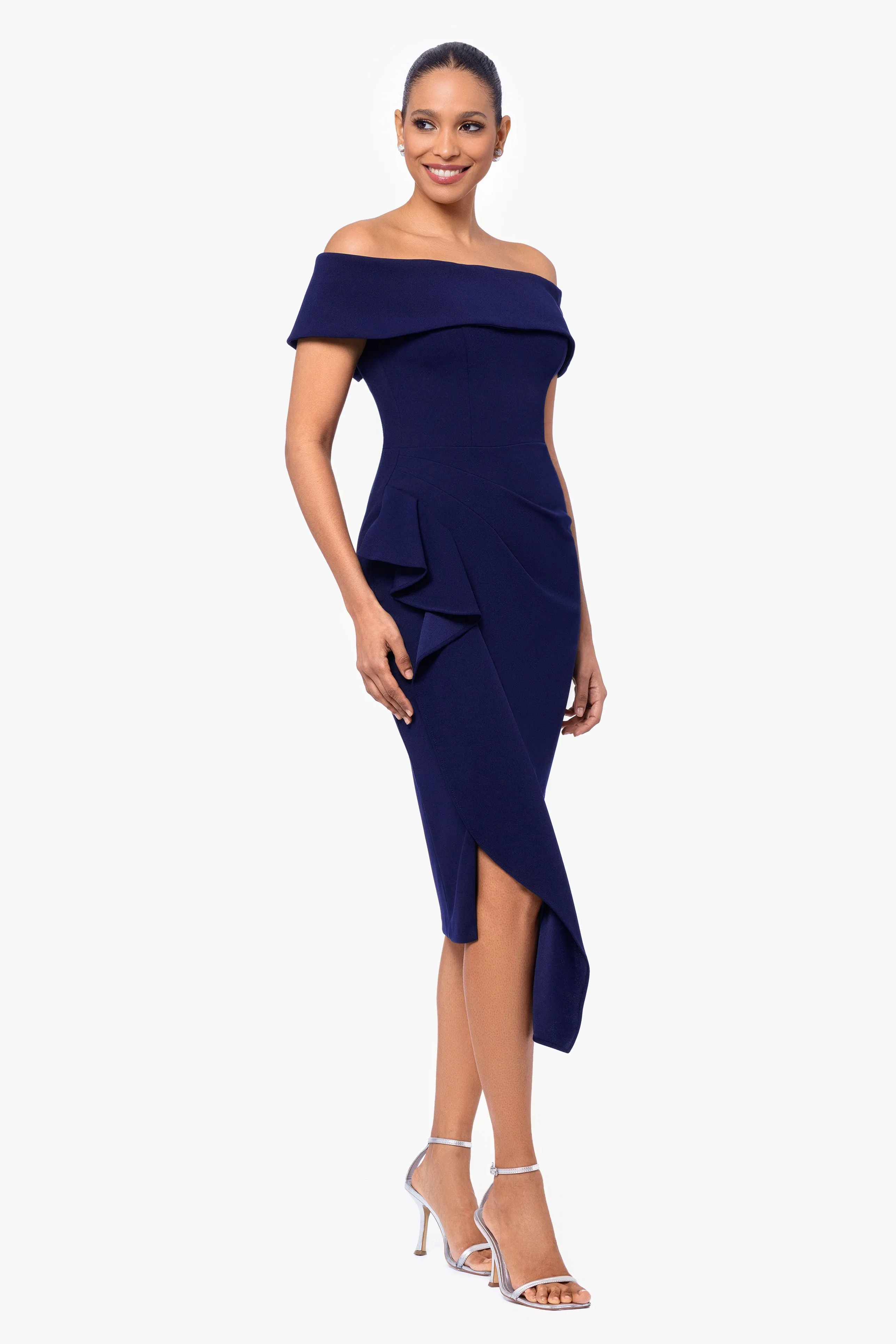 "Maya" Midi Scuba Crepe Off the Shoulder Cuff Side Ruching Dress sold by Betsy & Adam product image thumbnail 3