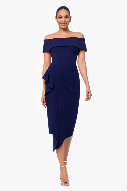 "Maya" Midi Scuba Crepe Off the Shoulder Cuff Side Ruching Dress sold by Betsy & Adam