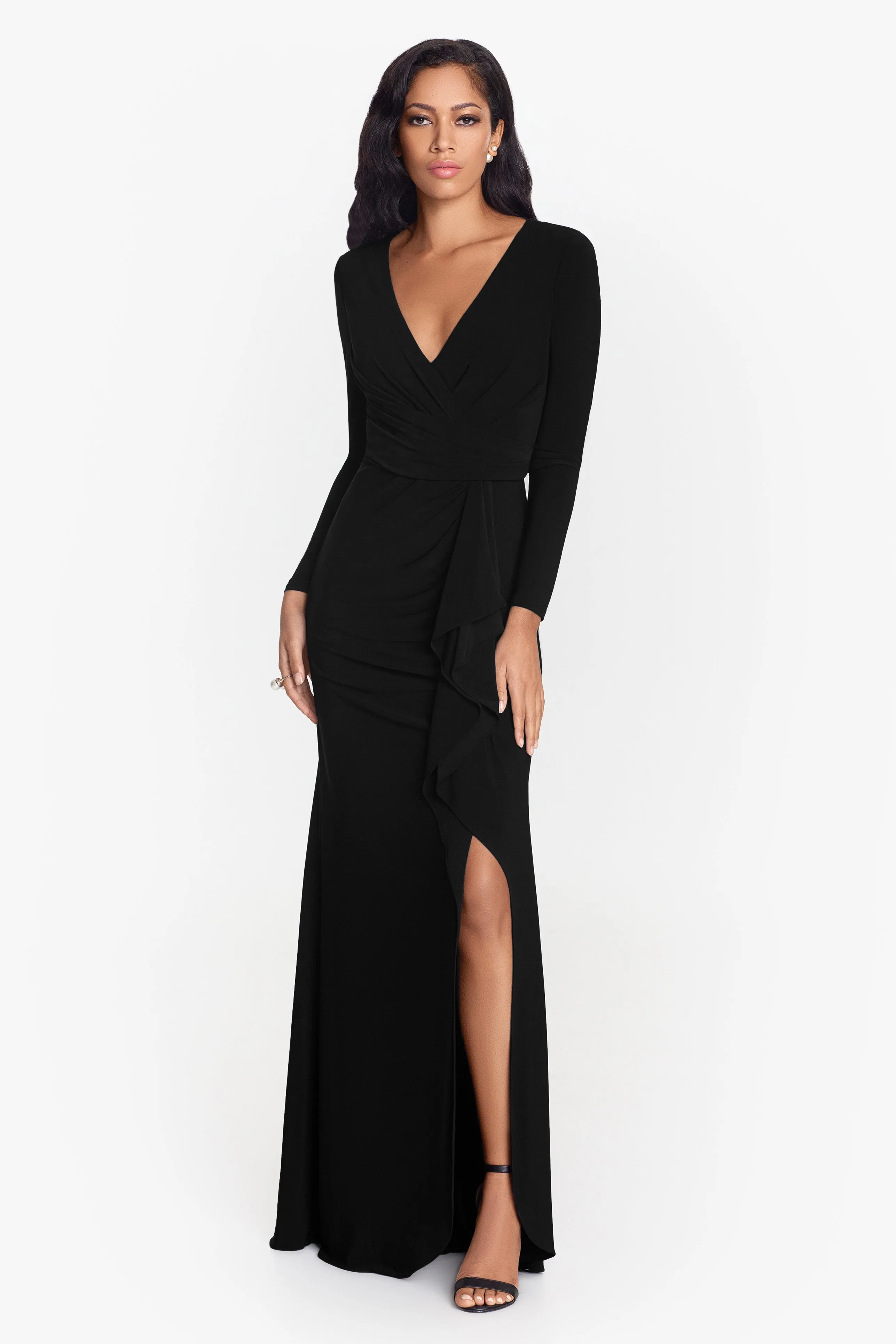 "Elle" Long Sleeve Side Ruffled Slit Gown sold by Betsy & Adam product image thumbnail 5