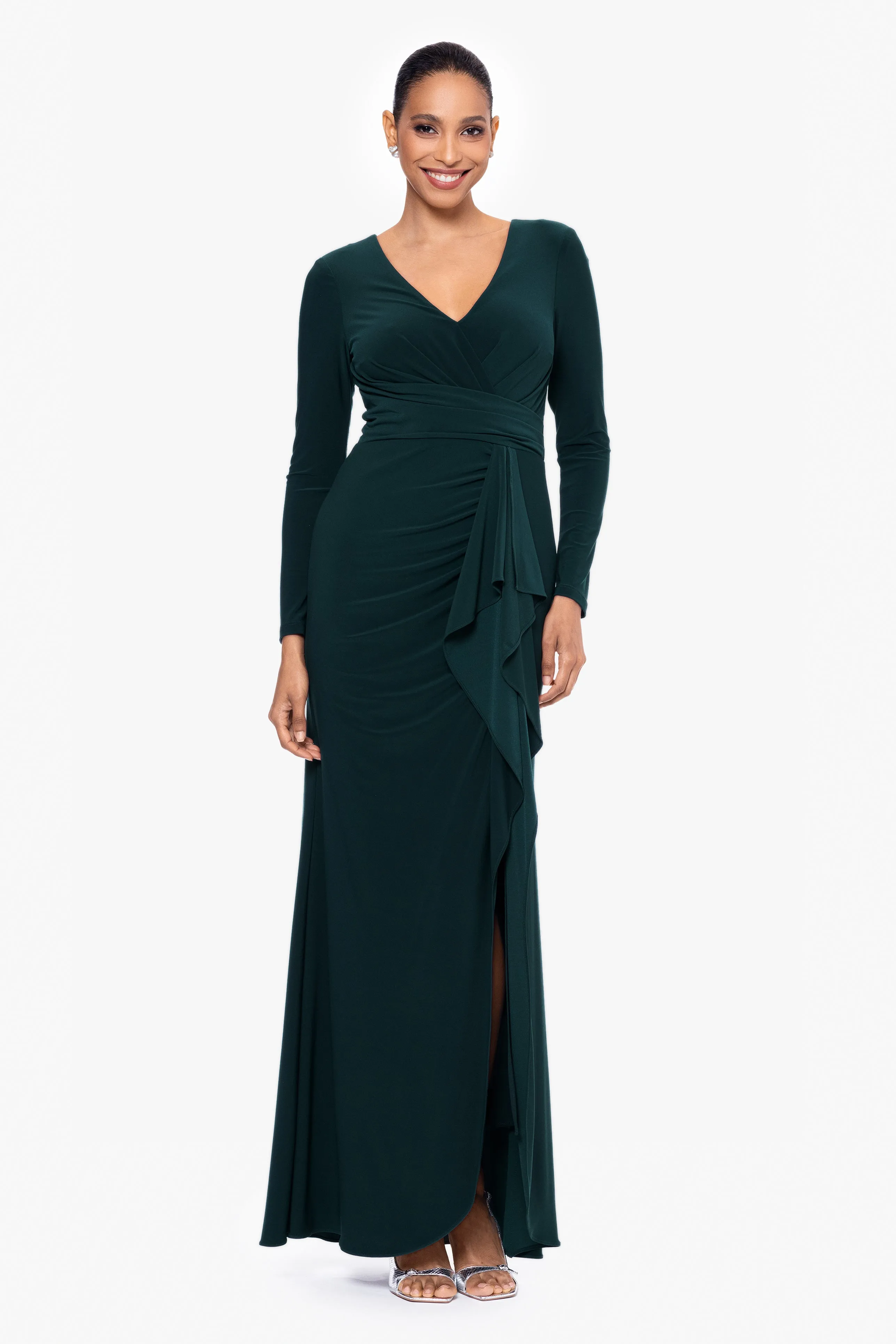 "Elle" Long Sleeve Side Ruffled Slit Gown sold by Betsy & Adam