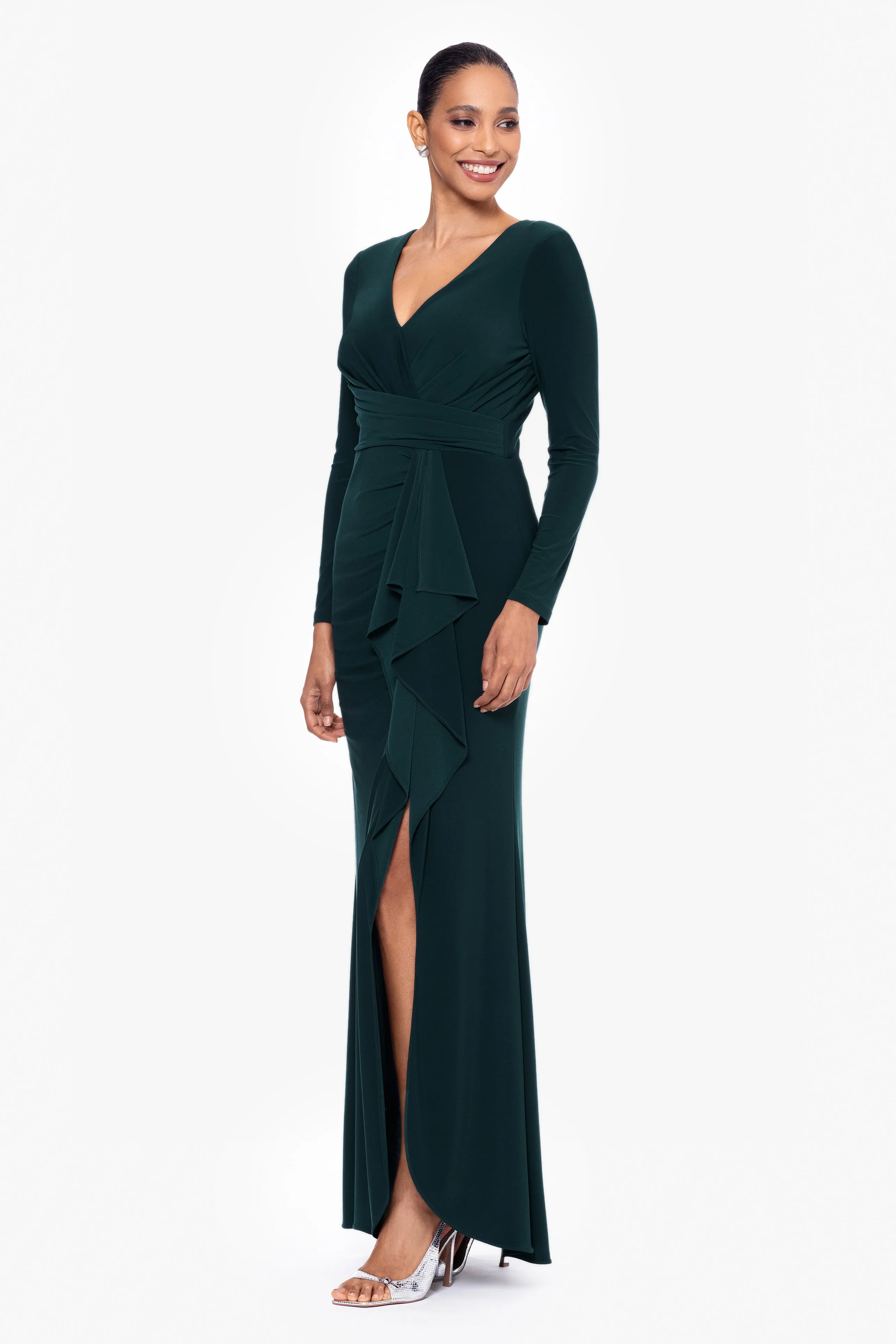 "Elle" Long Sleeve Side Ruffled Slit Gown sold by Betsy & Adam product image thumbnail 3
