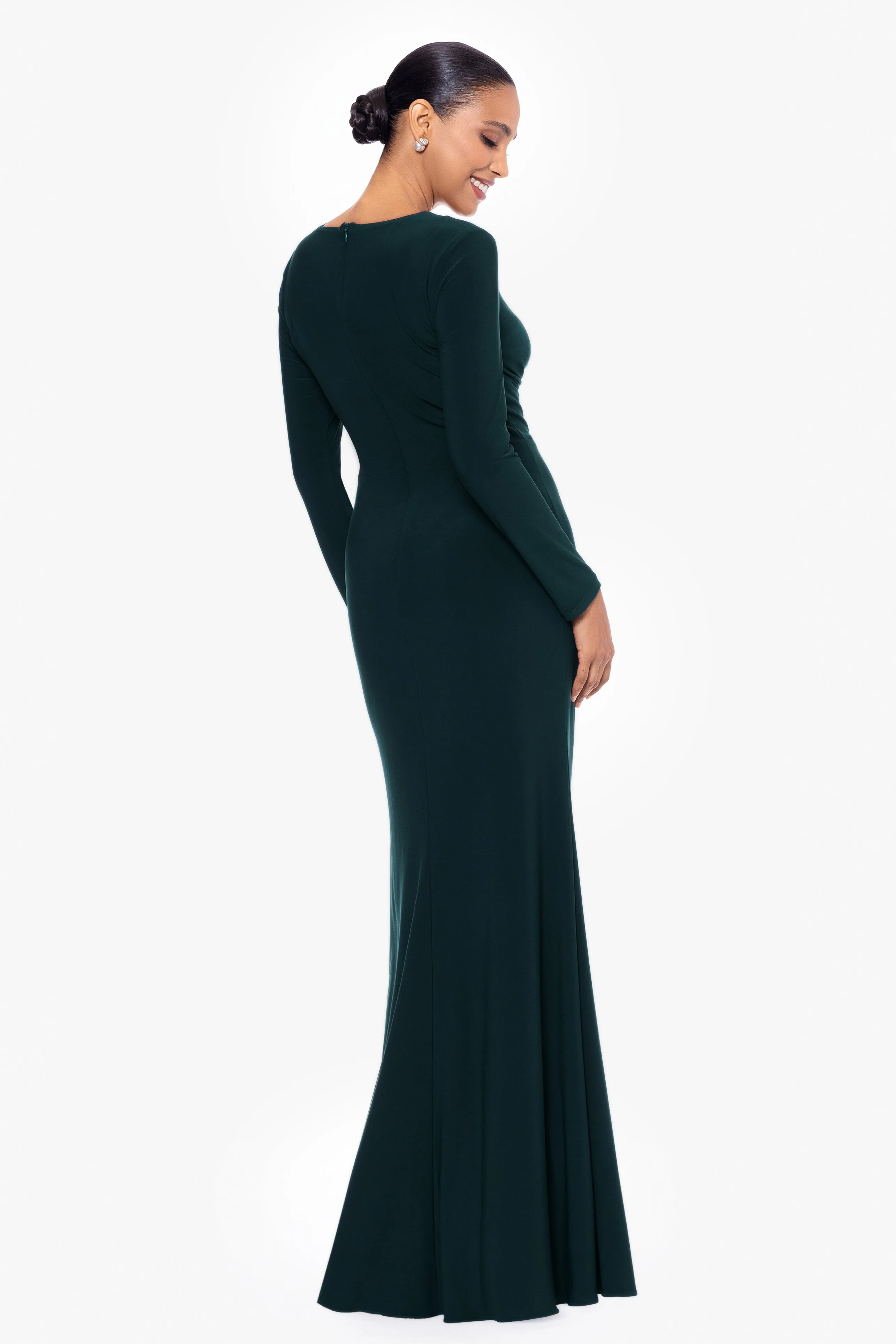 "Elle" Long Sleeve Side Ruffled Slit Gown sold by Betsy & Adam product image thumbnail 2