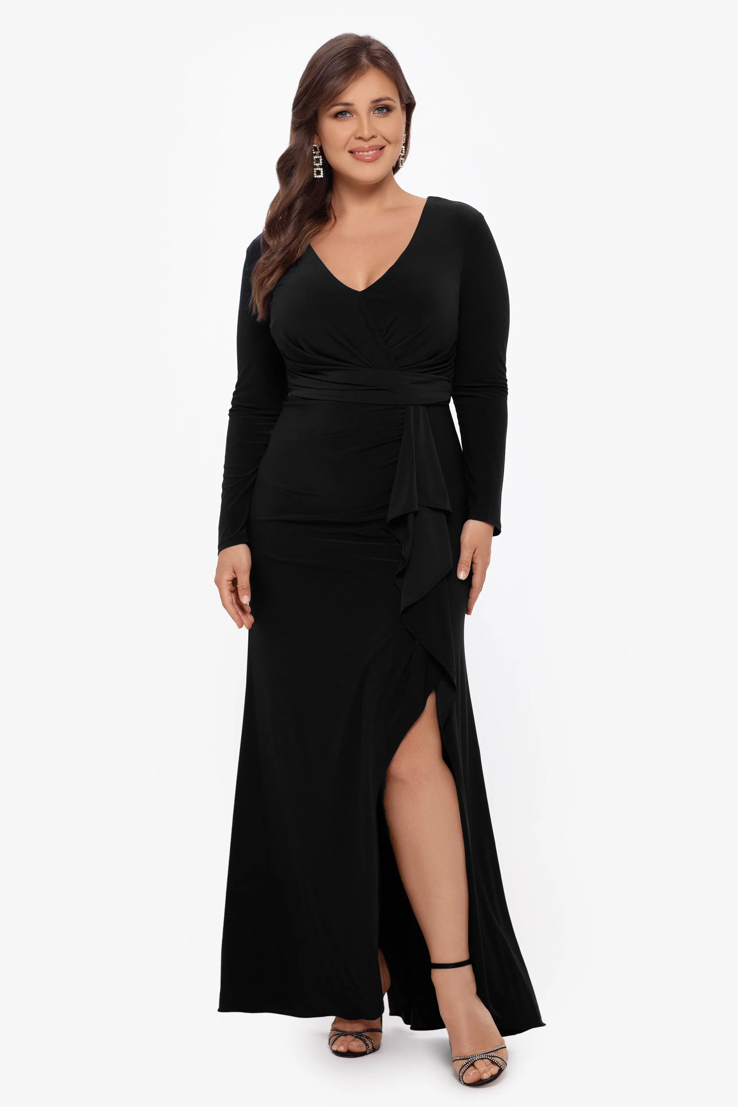Plus "Elle" Long Sleeve Side Ruffled Slit Gown sold by Betsy & Adam