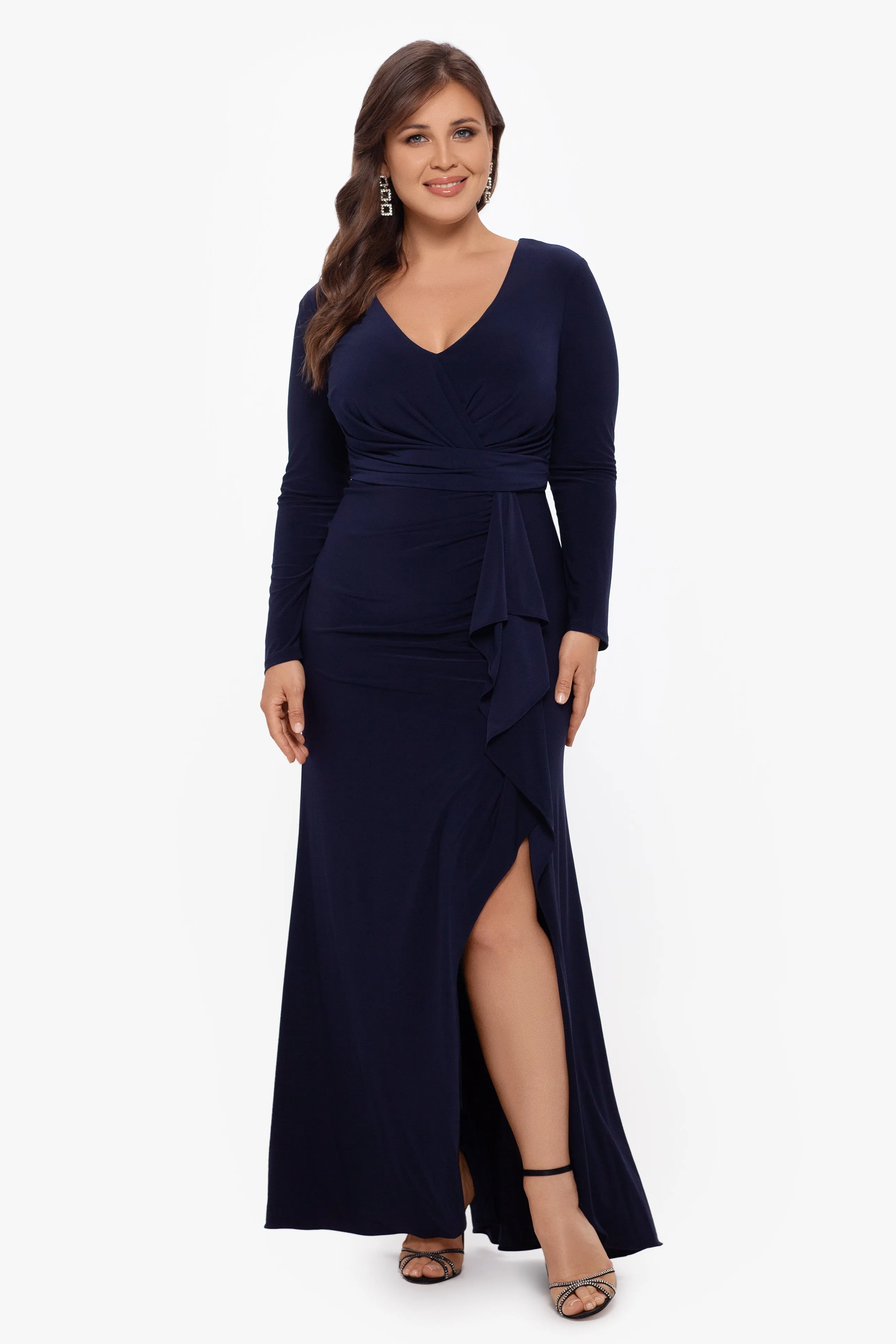 Plus "Elle" Long Sleeve Side Ruffled Slit Gown sold by Betsy & Adam product image thumbnail 3