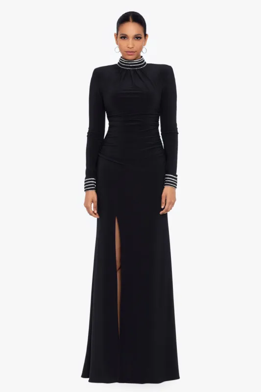 "Roxanne" Long Sleeve Jersey Knit Mock Neck Rhinestone Trim Gown sold by Betsy & Adam