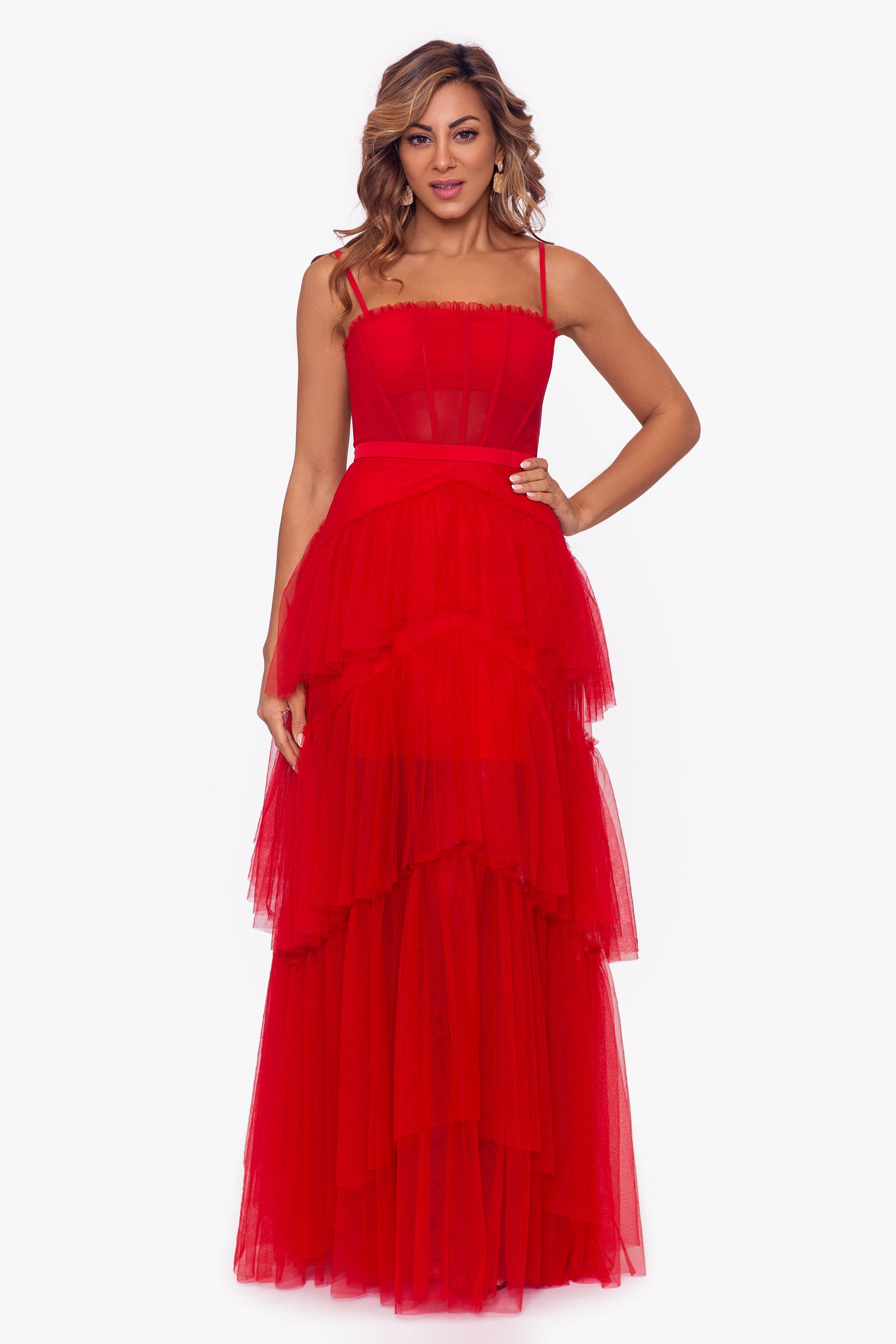 "Jasmine" Spaghetti Strap Mesh Corset Gown sold by Betsy & Adam