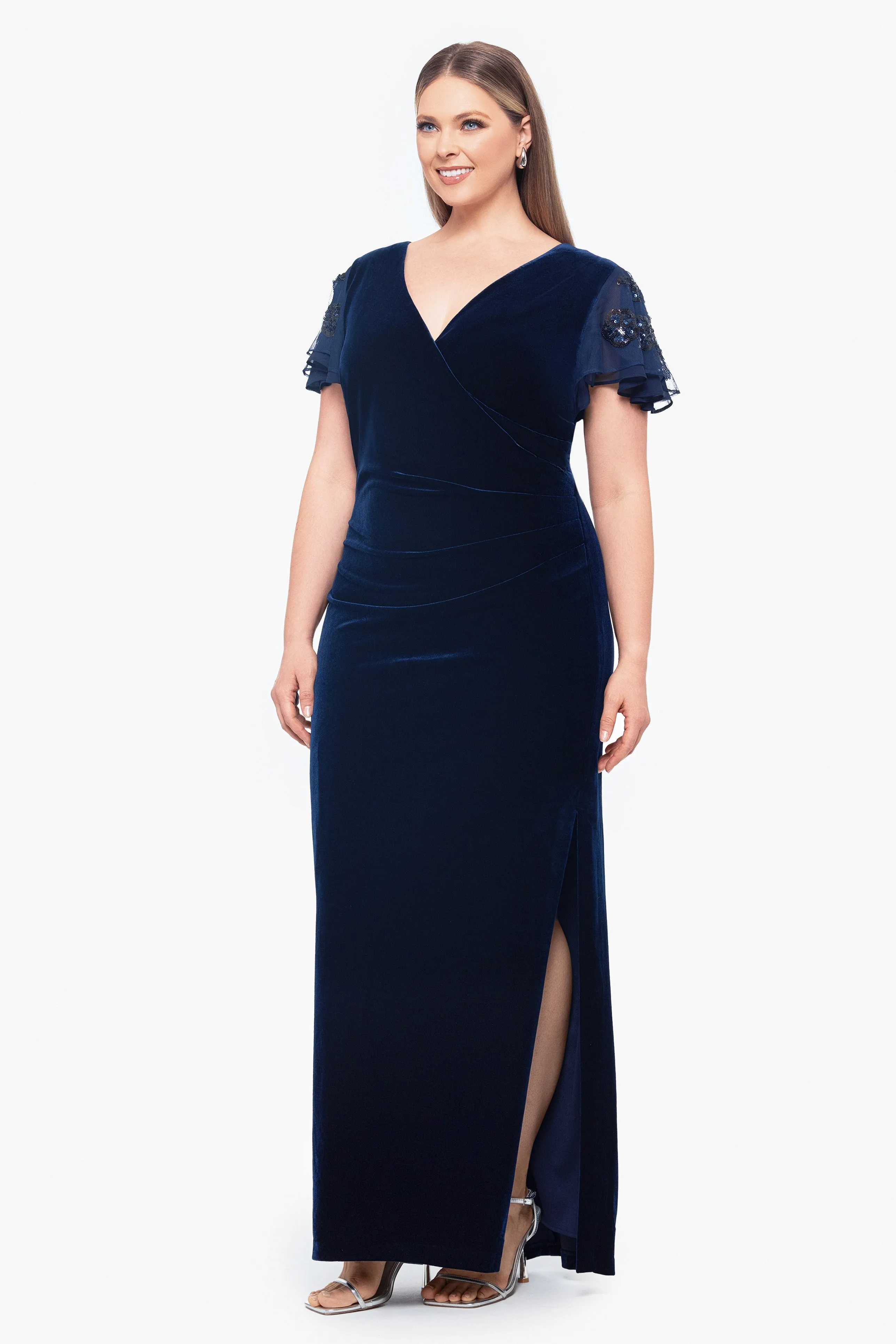 Plus "Carolina" Long Velvet V-Neck Sequin Sleeve Dress sold by Betsy & Adam product image thumbnail 3