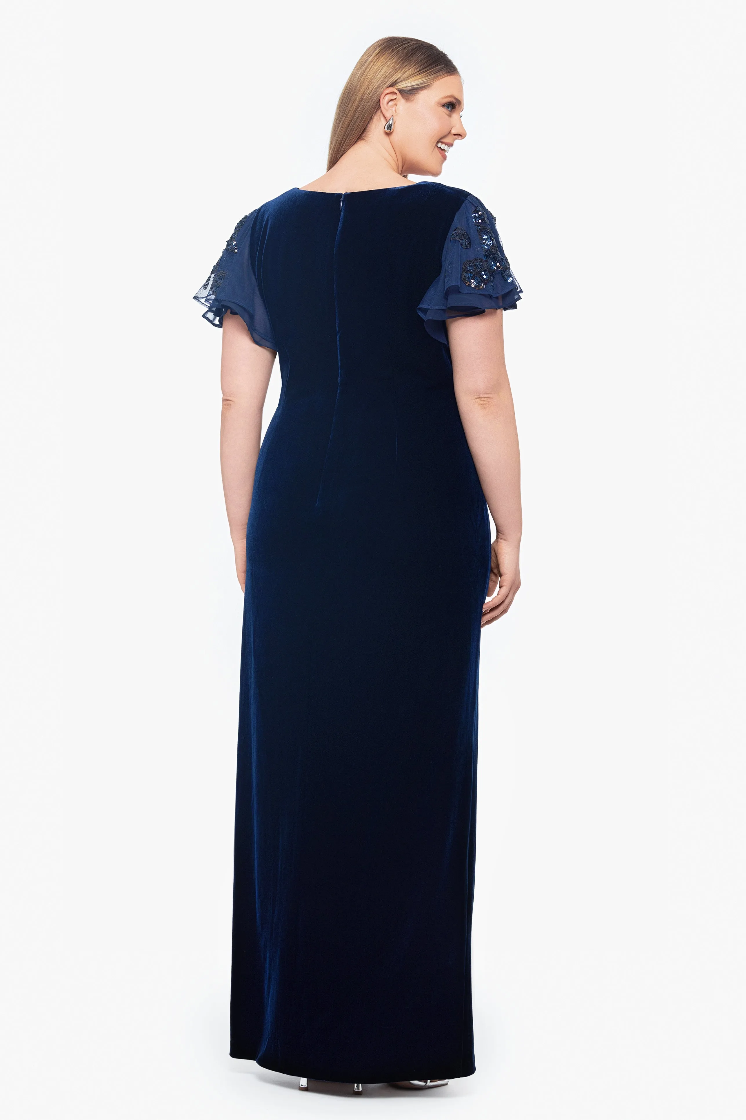 Plus "Carolina" Long Velvet V-Neck Sequin Sleeve Dress sold by Betsy & Adam product image thumbnail 2