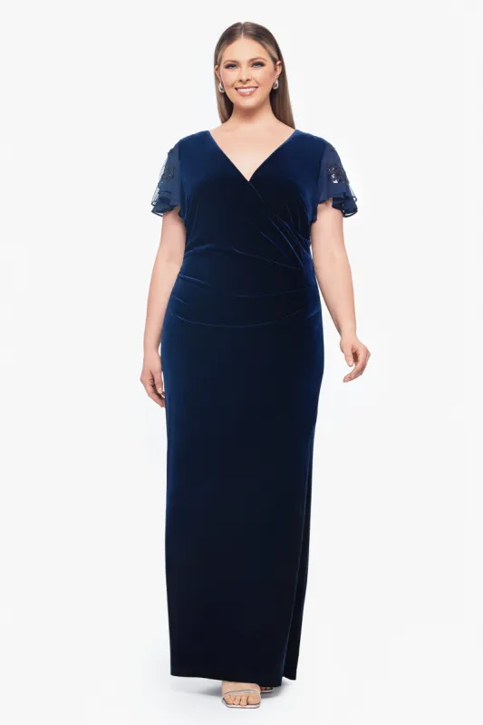 Plus "Carolina" Long Velvet V-Neck Sequin Sleeve Dress sold by Betsy & Adam