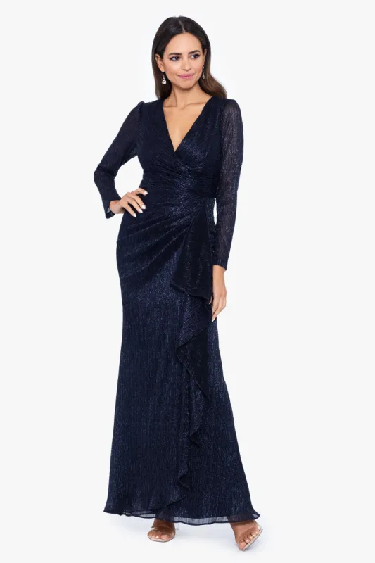 "Maggie" Long Pleated Metallic V-Neck Dress sold by Betsy & Adam