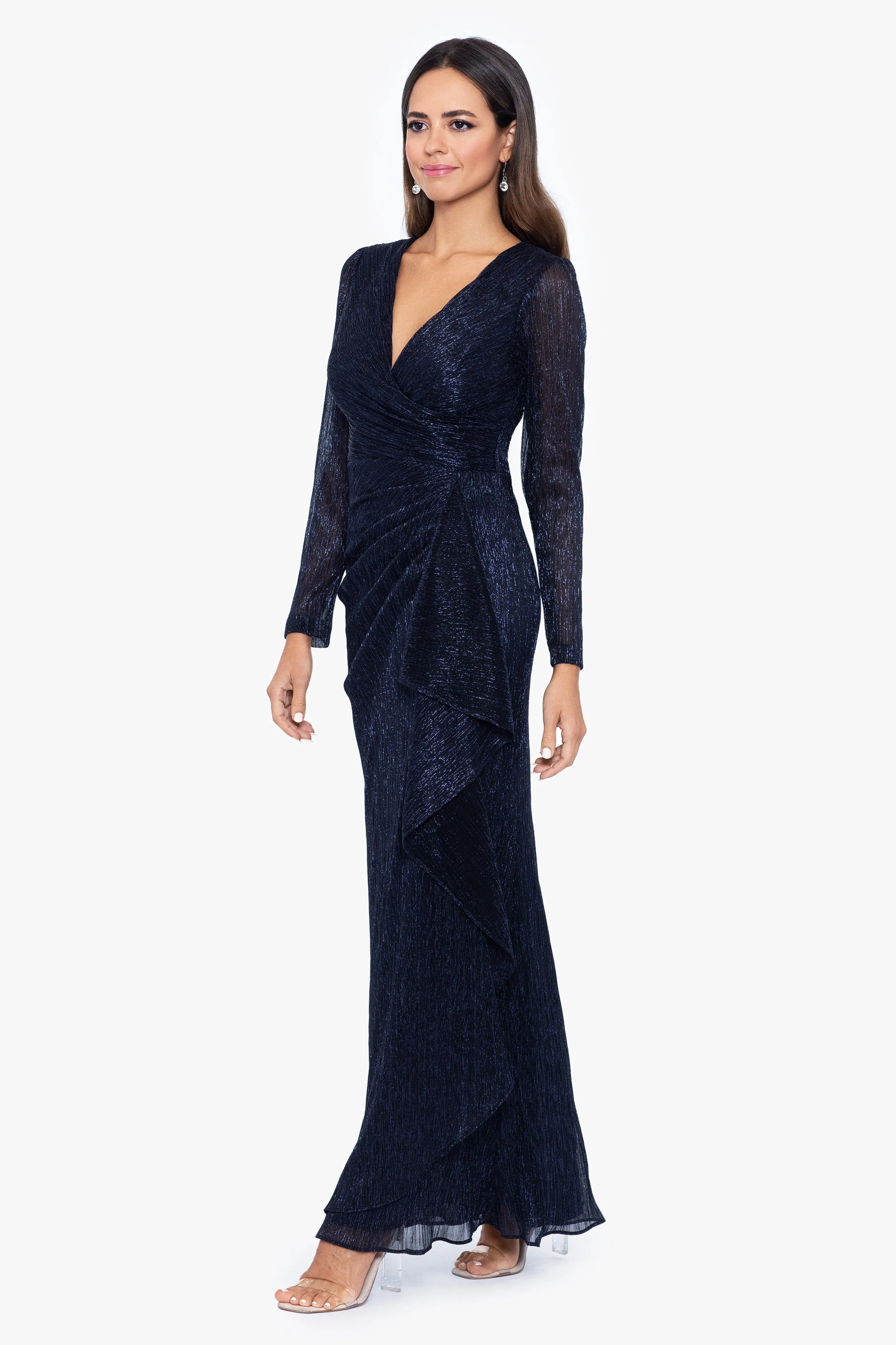 "Maggie" Long Pleated Metallic V-Neck Dress sold by Betsy & Adam product image thumbnail 4