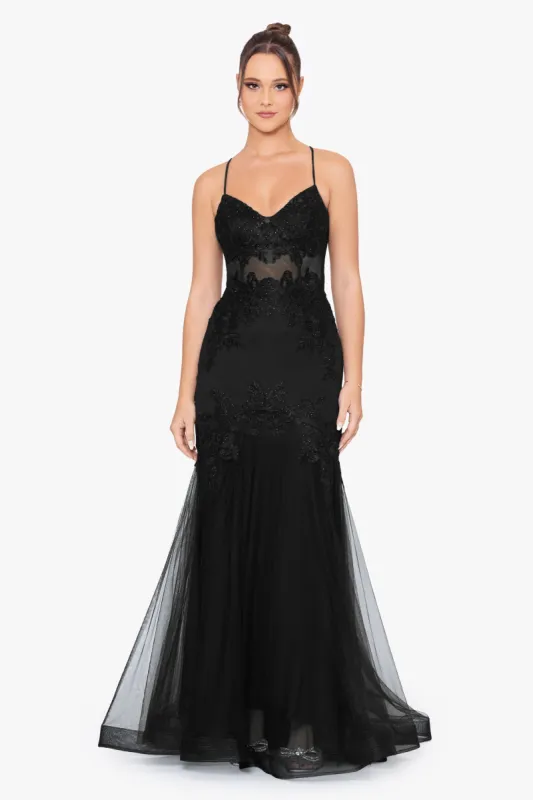 "Sage" Long Mesh Applique Spaghetti Strap Gown sold by Betsy & Adam