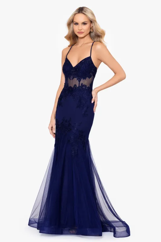 "Sage" Long Mesh Applique Spaghetti Strap Gown sold by Betsy & Adam