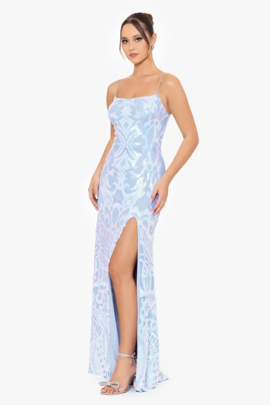 "Amy" Long Sequin Pattern Floor Length Dress sold by Betsy & Adam