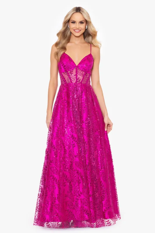 "Lizzy" Long Glitter Mesh Corset Tied Back Dress sold by Betsy & Adam