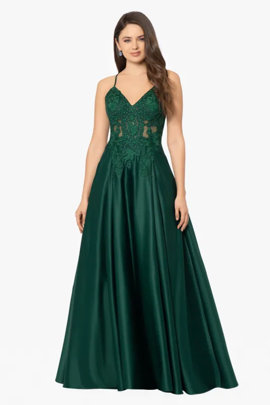 "Paloma" Long Satin Applique Top Ball Gown sold by Betsy & Adam