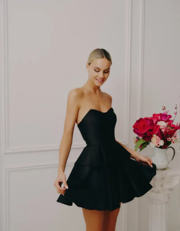Blondie Nites "Isabella" Short Strapless Tiered Satin Dress sold by Betsy & Adam