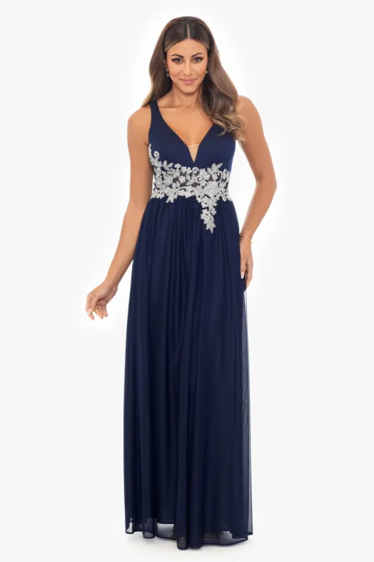 "Darla" Long Sheer Matte Jersey Dress With Applique sold by Betsy & Adam