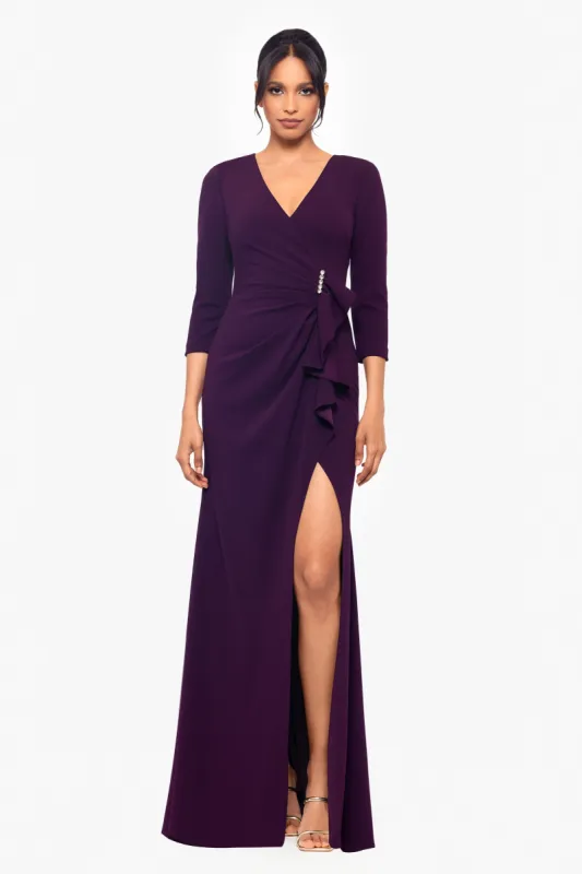 "Angelica" Long Scuba Crepe V-Neck Embellished Ruffle Dress sold by Betsy & Adam