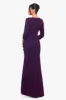 "Angelica" Long Scuba Crepe V-Neck Embellished Ruffle Dress sold by Betsy & Adam