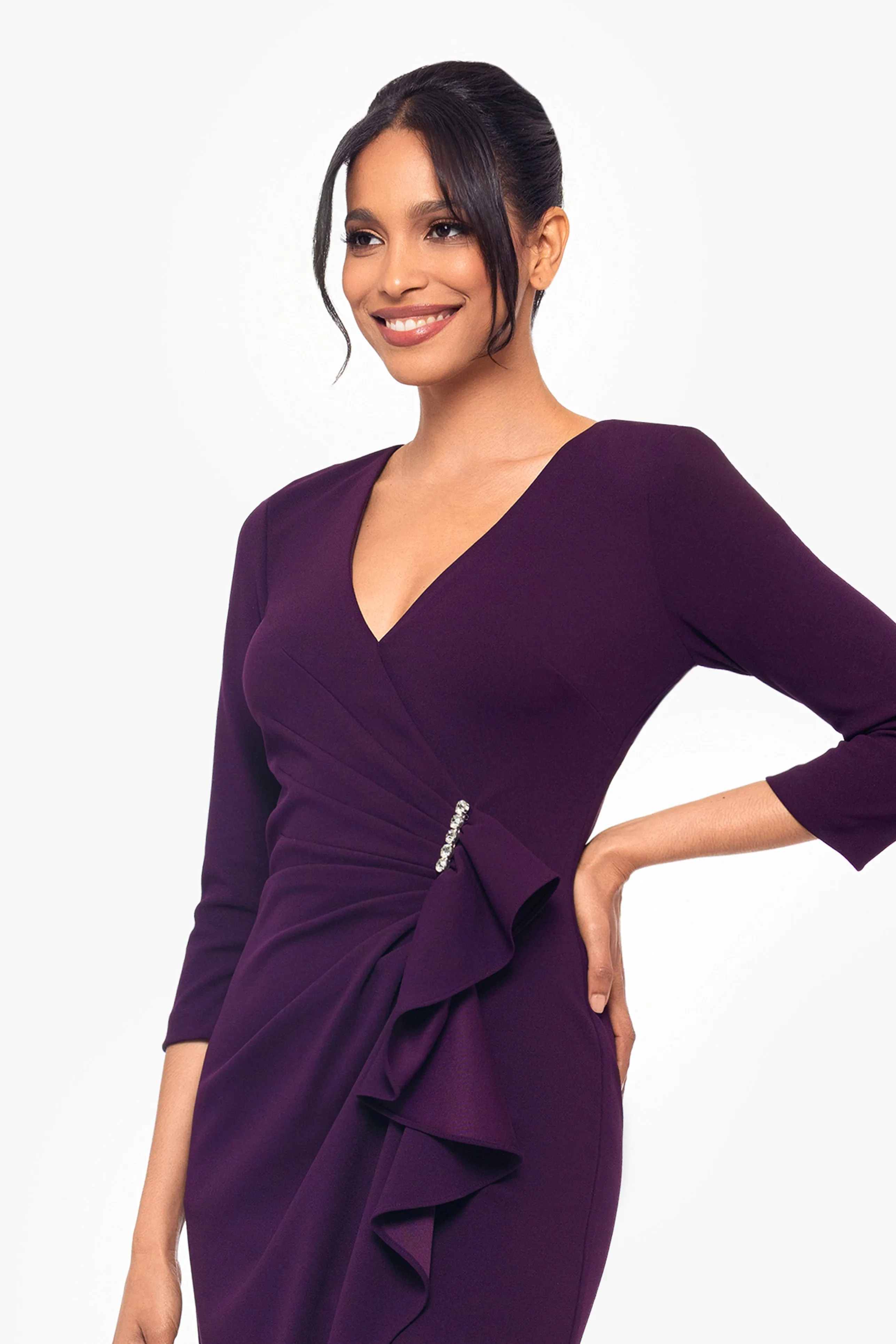 "Angelica" Long Scuba Crepe V-Neck Embellished Ruffle Dress sold by Betsy & Adam product image thumbnail 4