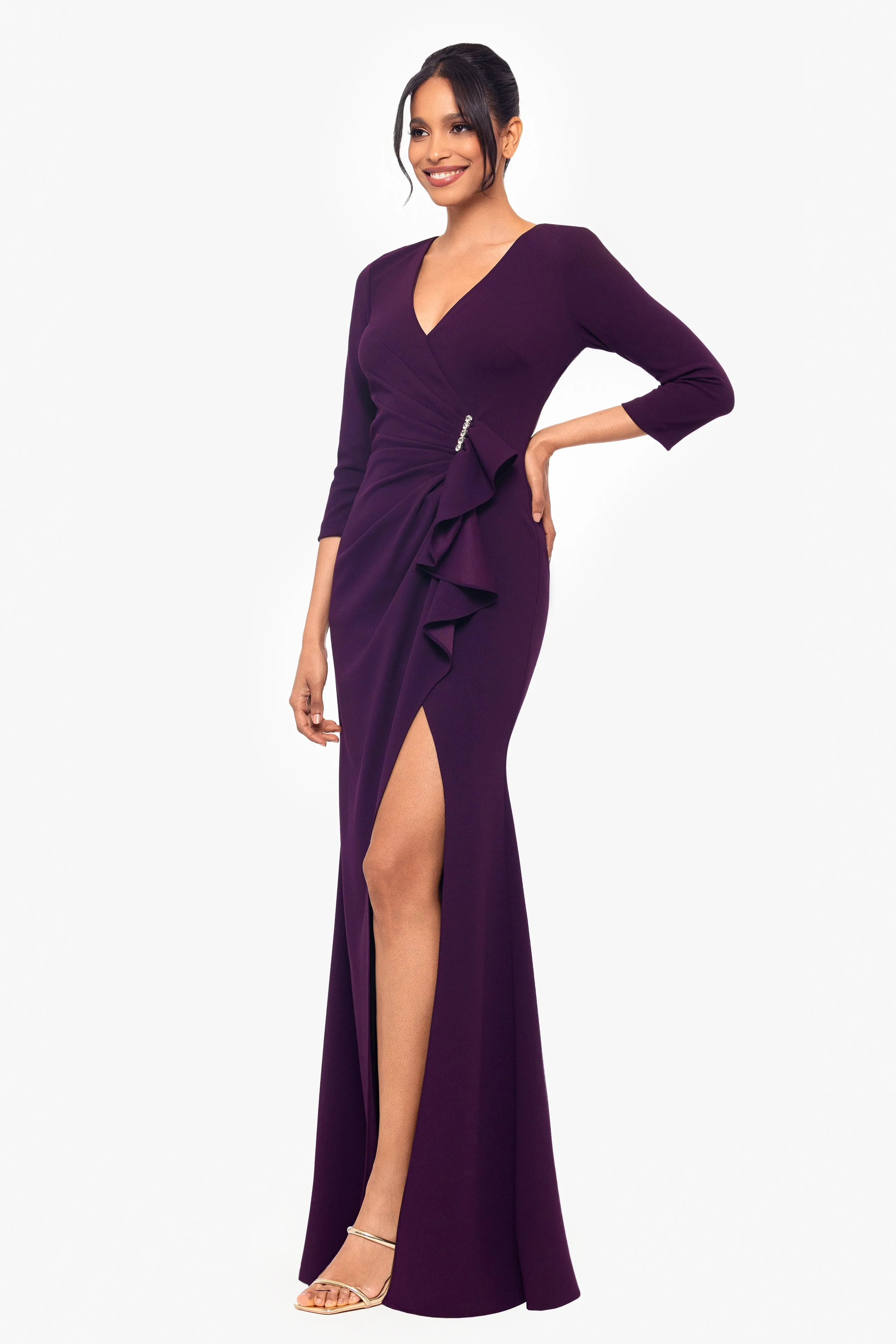 "Angelica" Long Scuba Crepe V-Neck Embellished Ruffle Dress sold by Betsy & Adam product image thumbnail 3