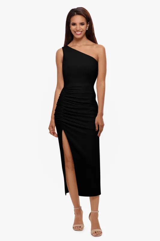 "Leah" Midi Scuba Crepe One Shoulder Ruched Dress sold by Betsy & Adam