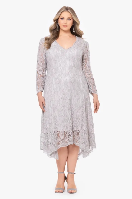 Plus "Jodi" Long Sleeve Lace Asymmetrical Hem Midi Dress sold by Betsy & Adam