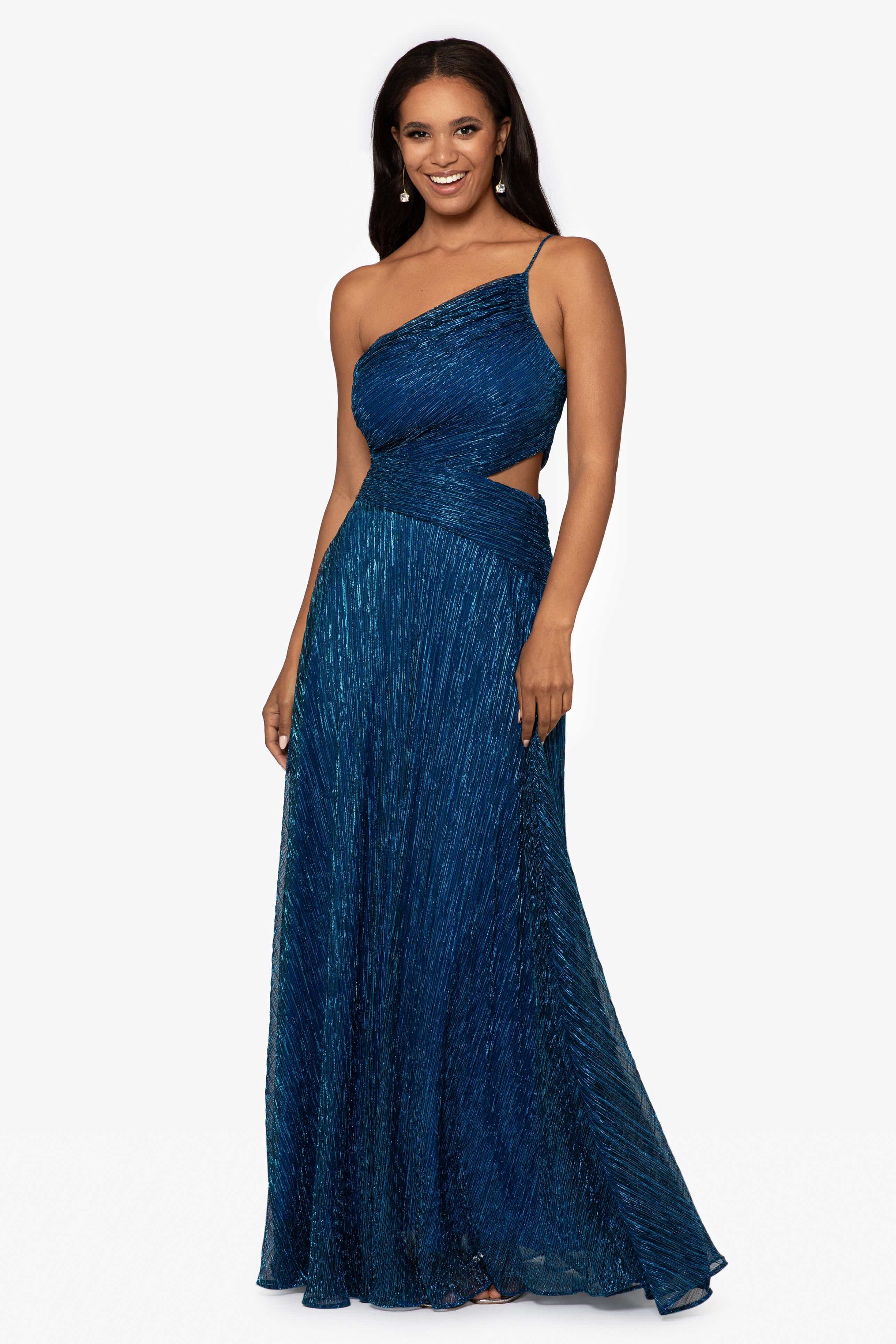 "Kit" Long Metallic Foil One Shoulder Cut Out Dress sold by Betsy & Adam product image thumbnail 4