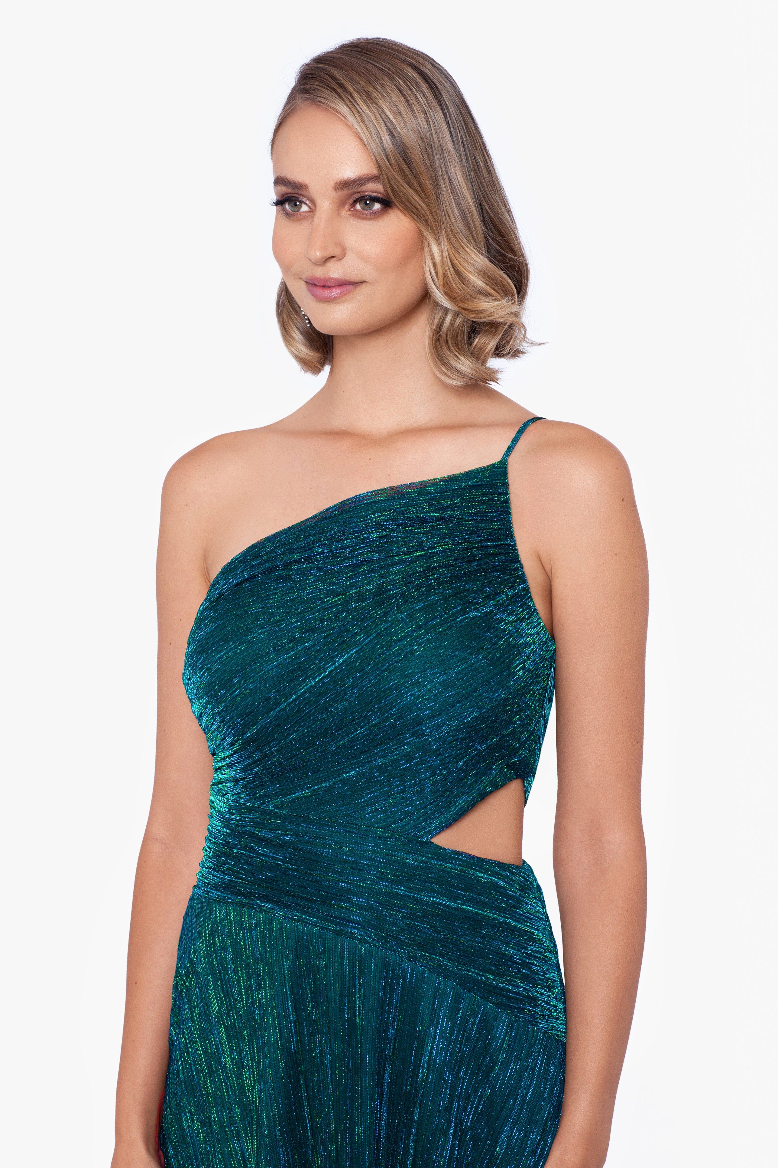 "Kit" Long Metallic Foil One Shoulder Cut Out Dress sold by Betsy & Adam product image thumbnail 3