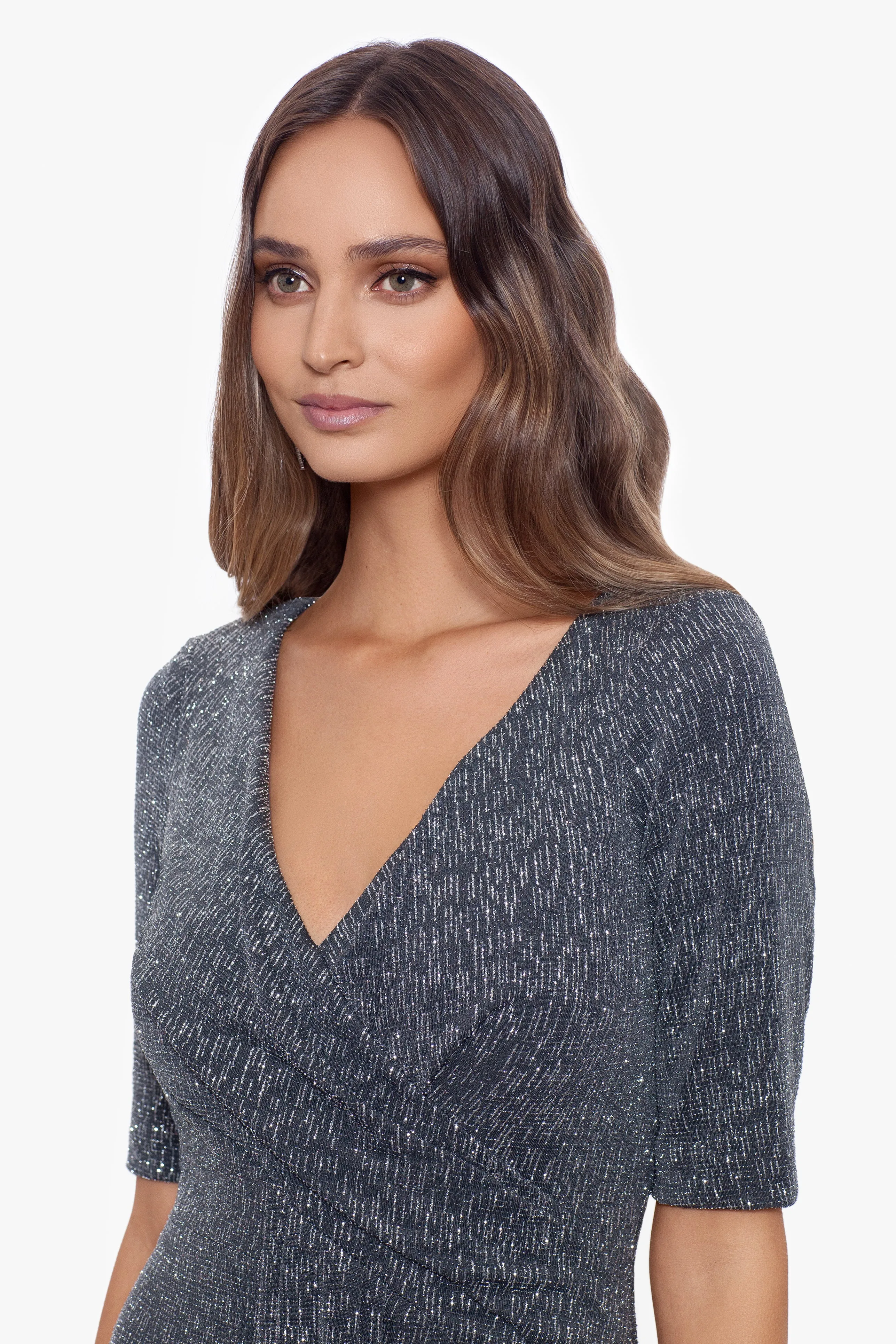 "Emma" Long V-Neck Glitter Dress sold by Betsy & Adam product image thumbnail 3