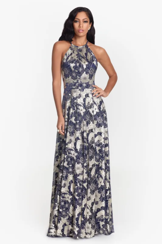 "Layla" Long Halter Top Wrap Foil Print Dress sold by Betsy & Adam